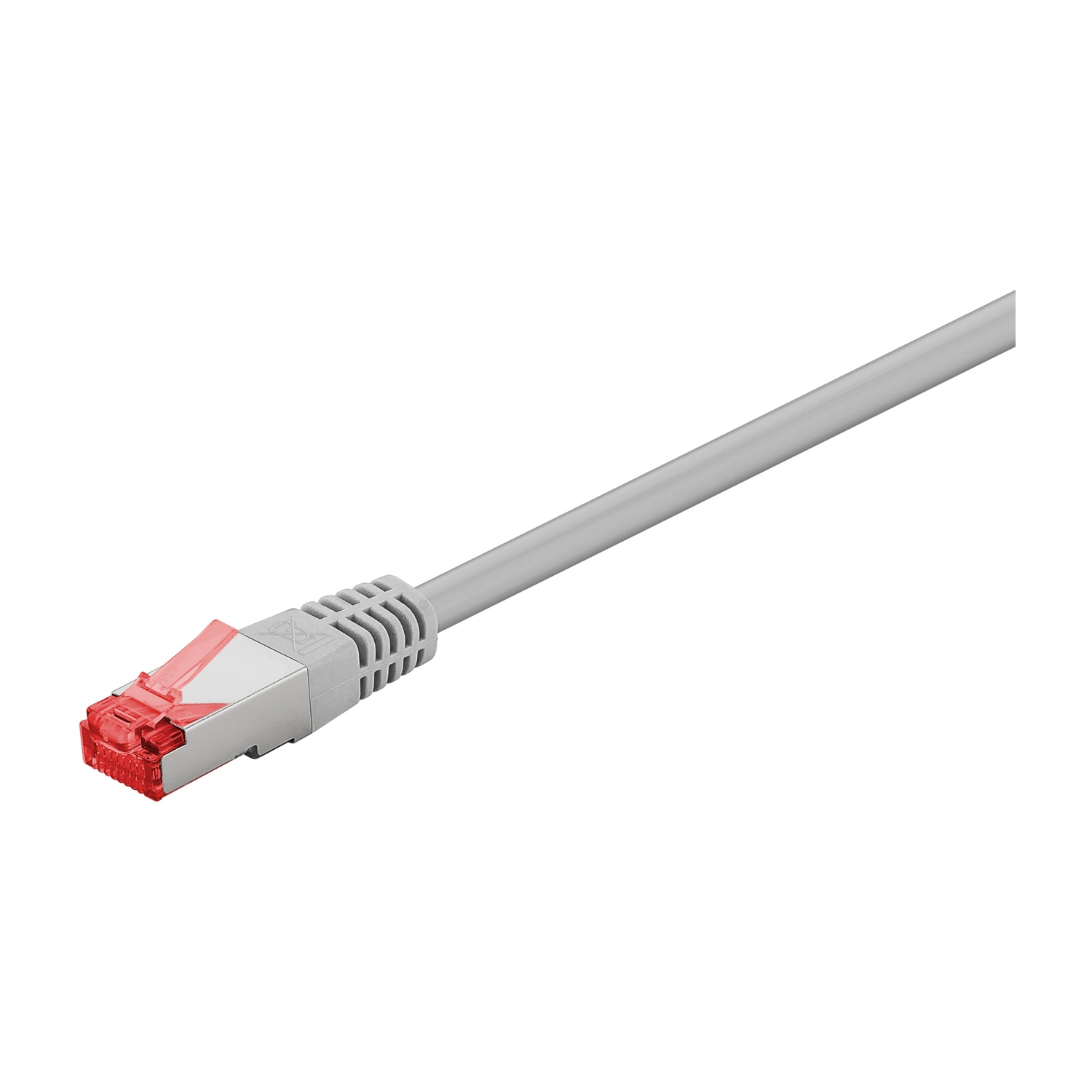 Un cavo Ethernet grigio con un connettore rosso. Il connettore ha una clip grigia e una copertura in plastica rossa.