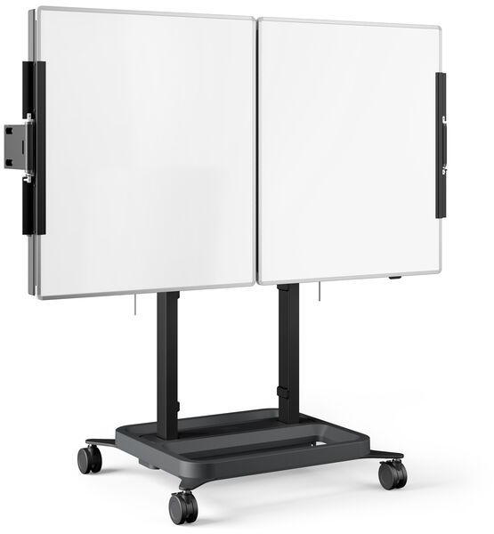 Zwei Whiteboards auf einem rollenden Ständer. Schwarzer Rahmen und Ständer. Die Boards nebeneinander.