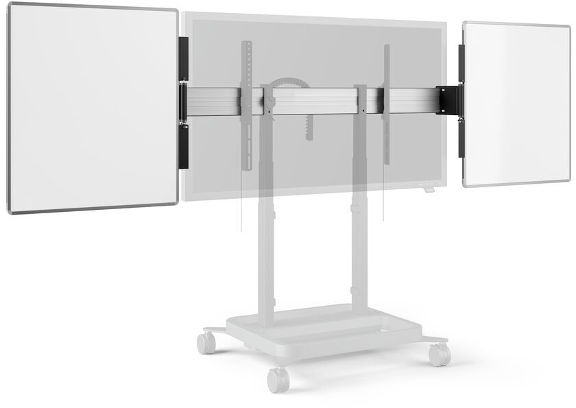Ein Anzeigesystem mit großem Bildschirm und zwei seitlichen Whiteboards auf einem mobilen Ständer.