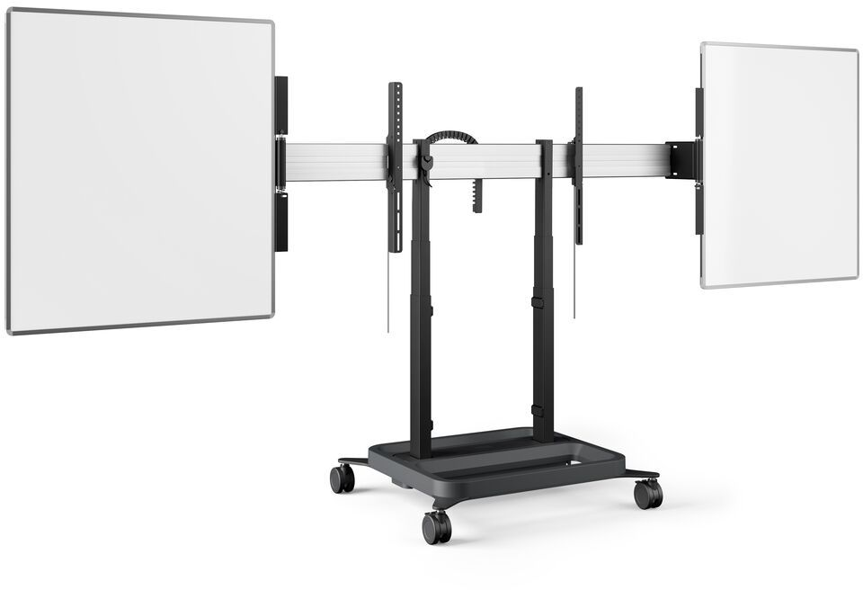 Mobiler Whiteboard-Ständer mit zwei Whiteboards, Mittelstütze und vier Rädern auf weißem Hintergrund.