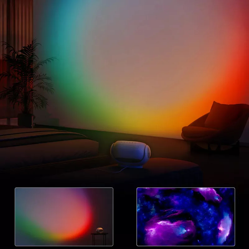 Pokój oświetlony tęczowymi kolorami z projektora; zawiera dwa mniejsze obrazy wzorów świetlnych.