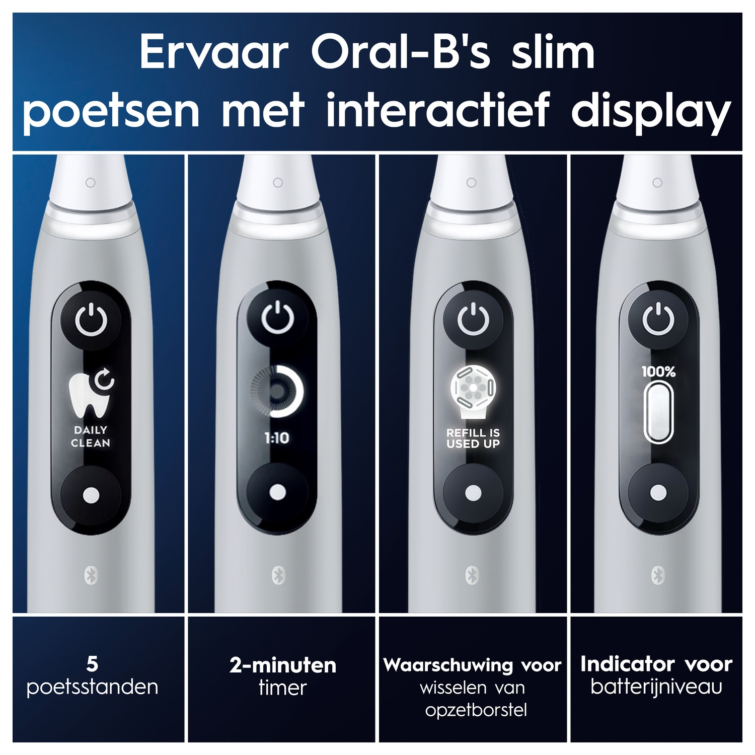 Four images of a gray electric toothbrush with different display screens showing various functions.