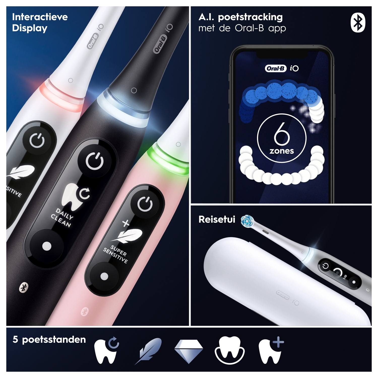 Multiple electric toothbrushes with interactive display, charging dock, and app integration. Various colors.