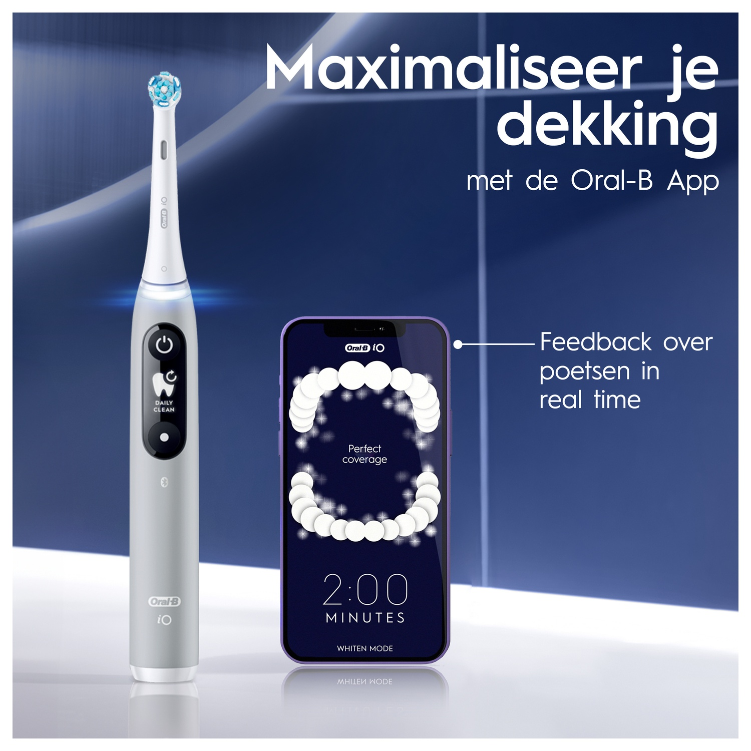 Toothbrush and phone showing coverage. White and purple colors.