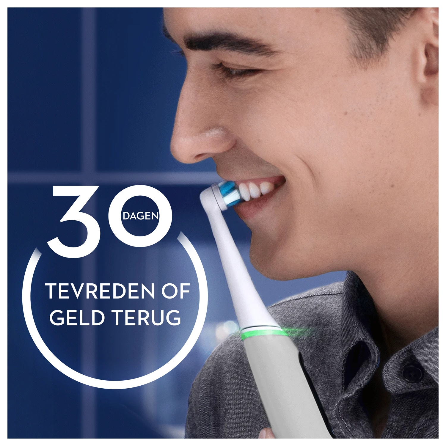 Man brushing teeth with an electric toothbrush. Text shows 30-day satisfaction or money back.