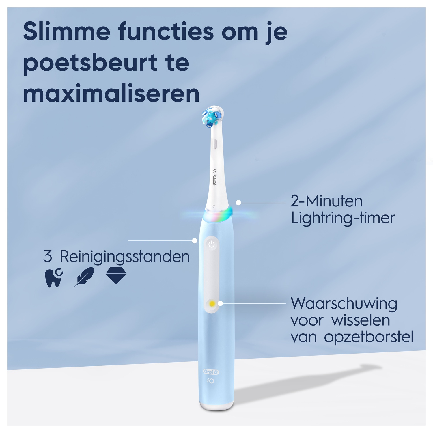 Electric toothbrush, blue, with text labels. Features 2-minute timer, and brush head alert.