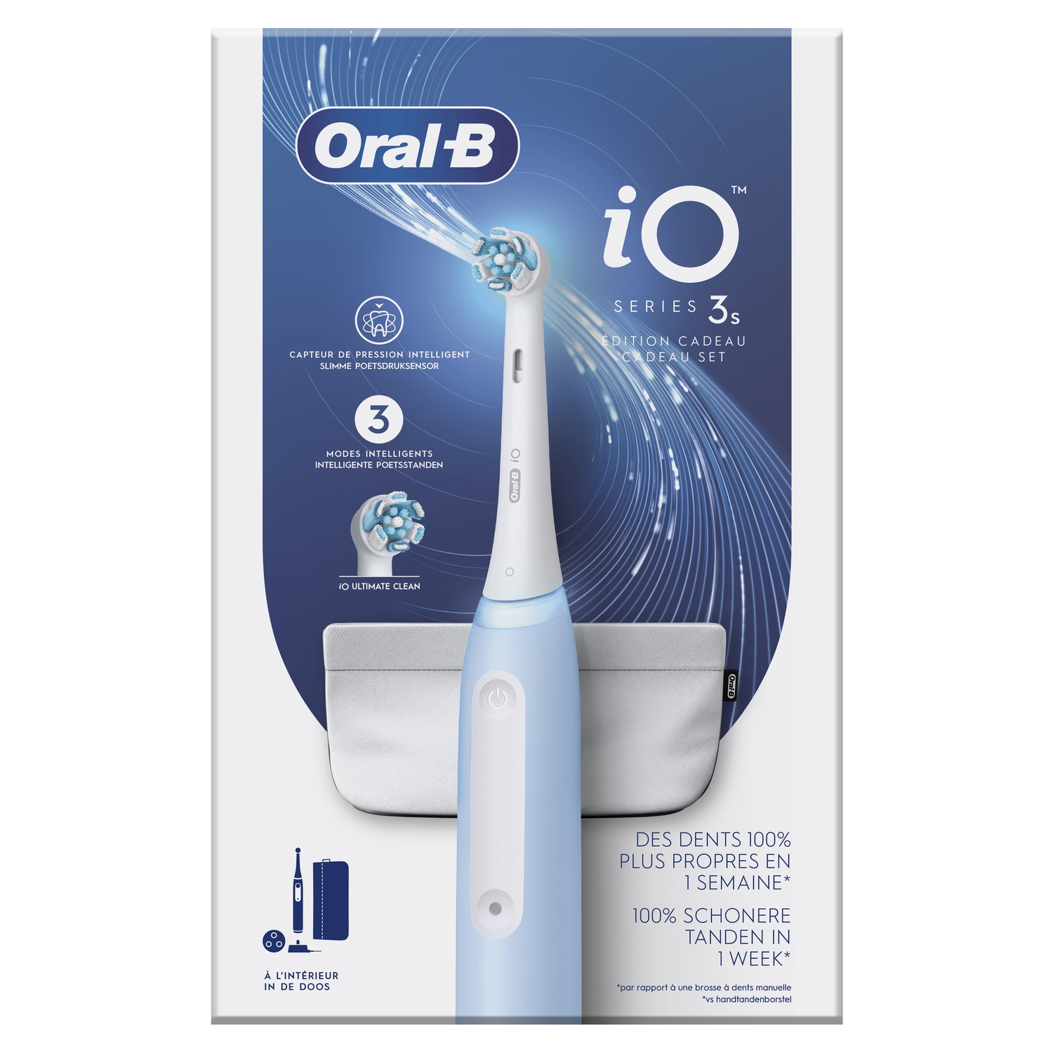 Toothbrush box set, light blue toothbrush, with text in English and French.