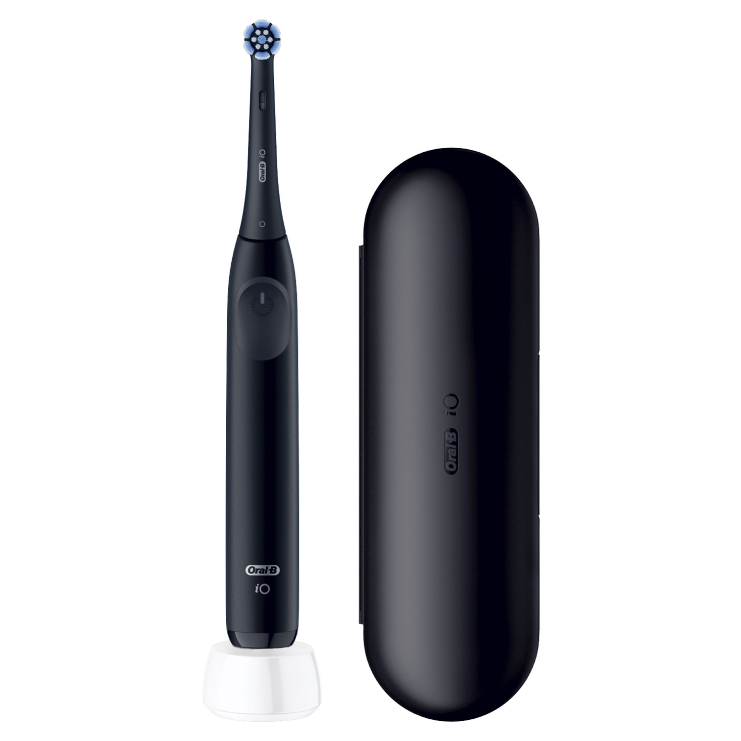 Black electric toothbrush with a charging base and a travel case, both black, by Oral-B iO.