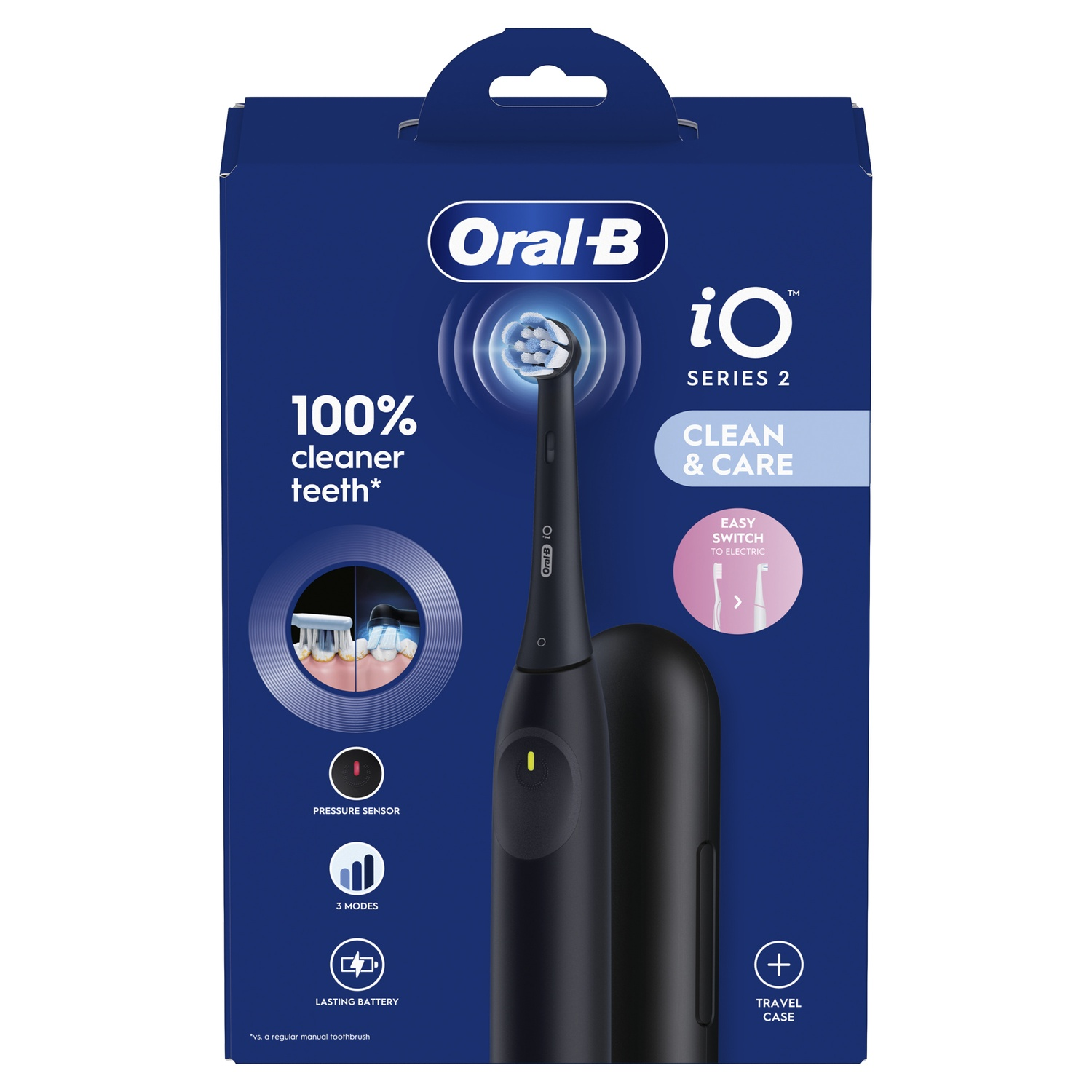 An Oral-B electric toothbrush in a box with a charging base and travel case, all in black.