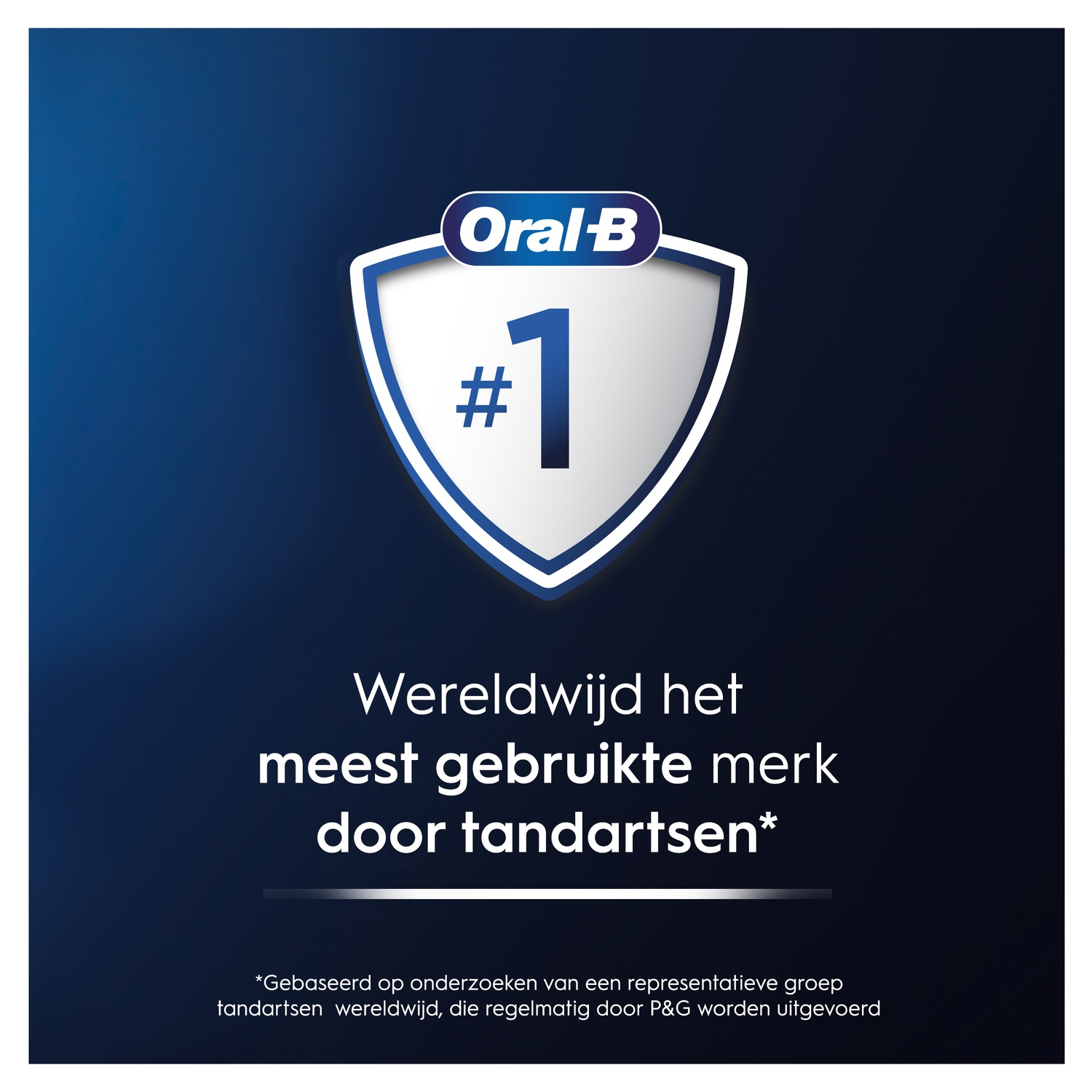 Een Oral-B schild toont het nummer één. Tekst geeft aan dat het het meest gebruikte merk door tandartsen is.