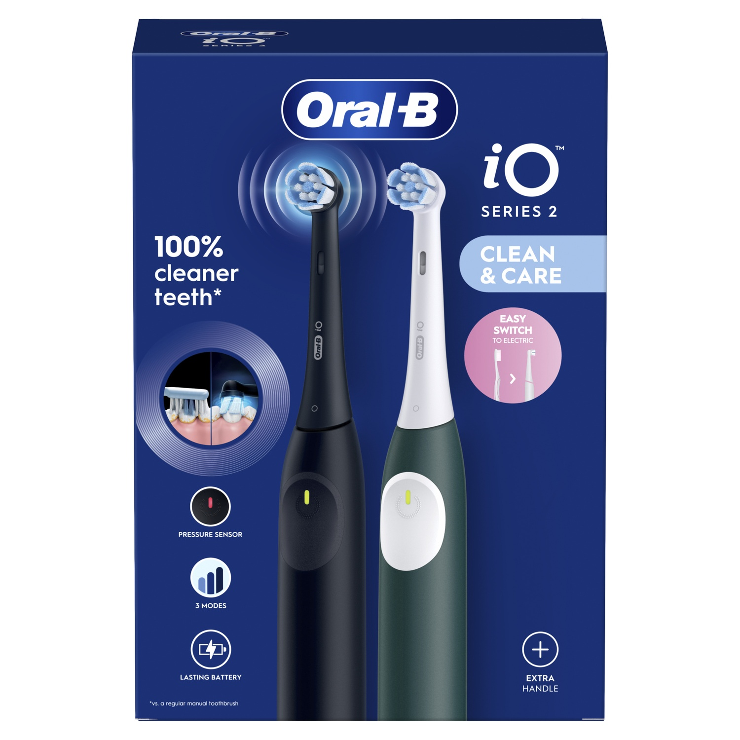 Deux brosses à dents électriques Oral-B iO Series 2, noires et vertes.