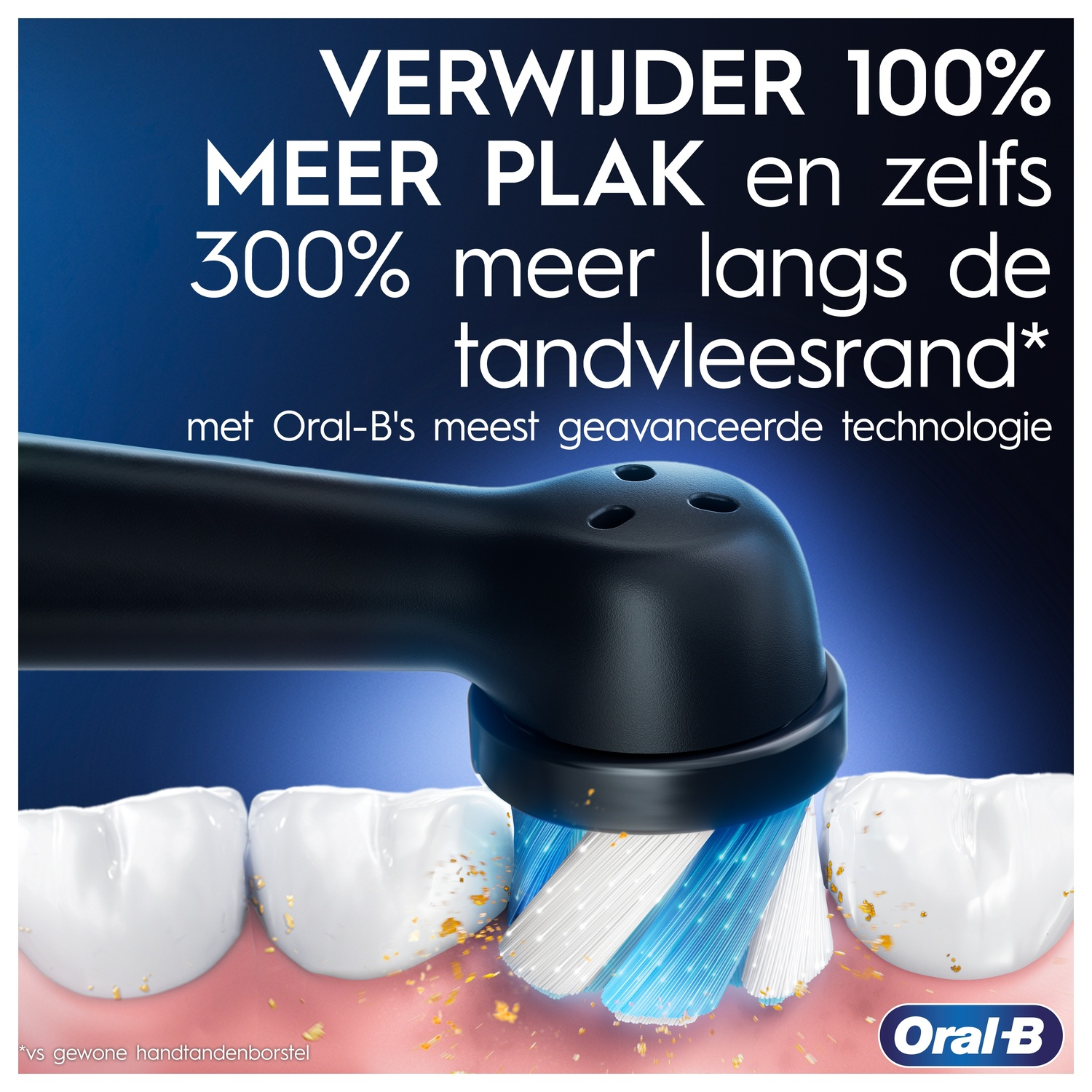 Tandenborstel die tanden poetst, met Nederlandse tekst over het verwijderen van tandplak.