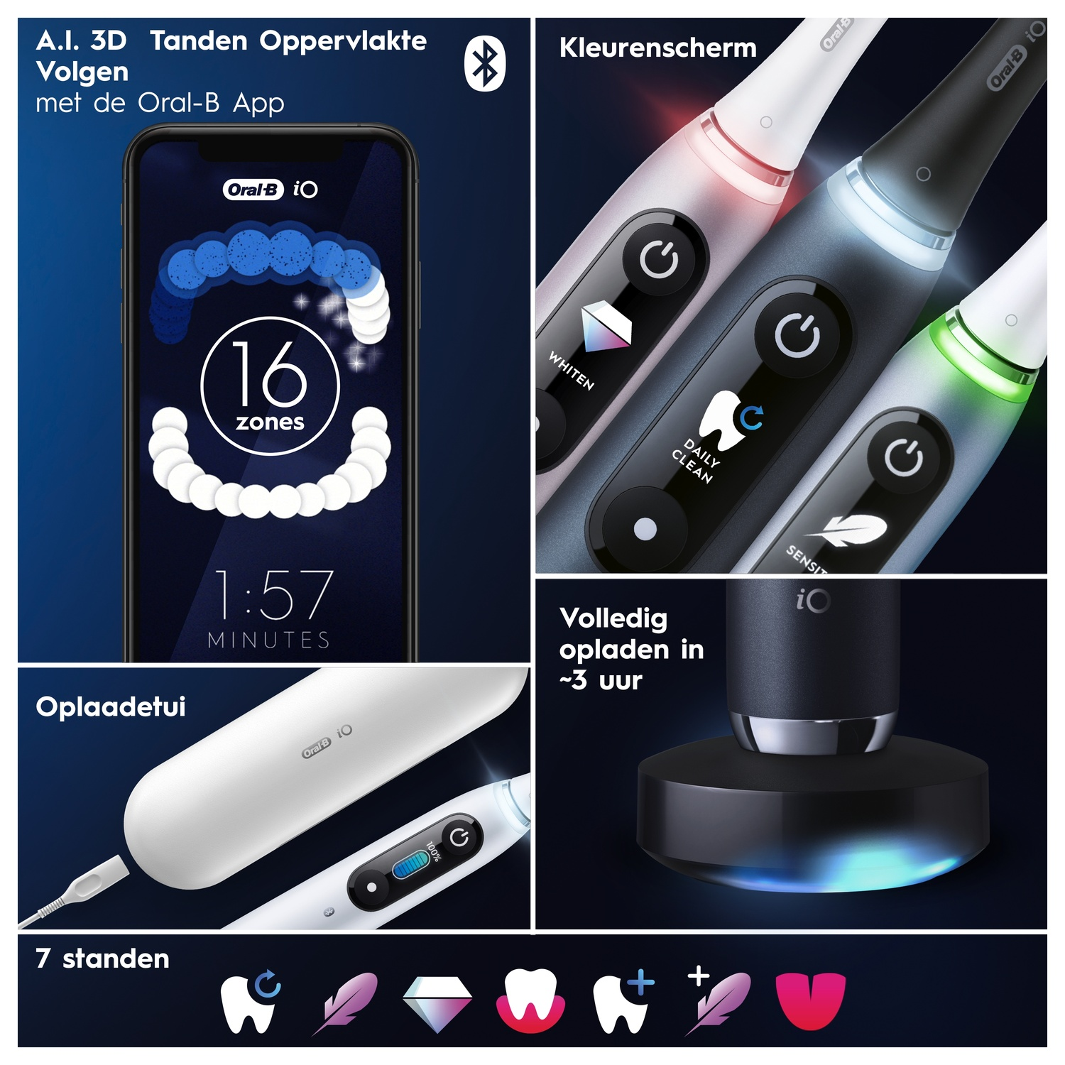 Meerdere afbeeldingen van een tandenborstel, telefoon en oplaadbasis. Verschillende tandenborstelfuncties en ontwerp.