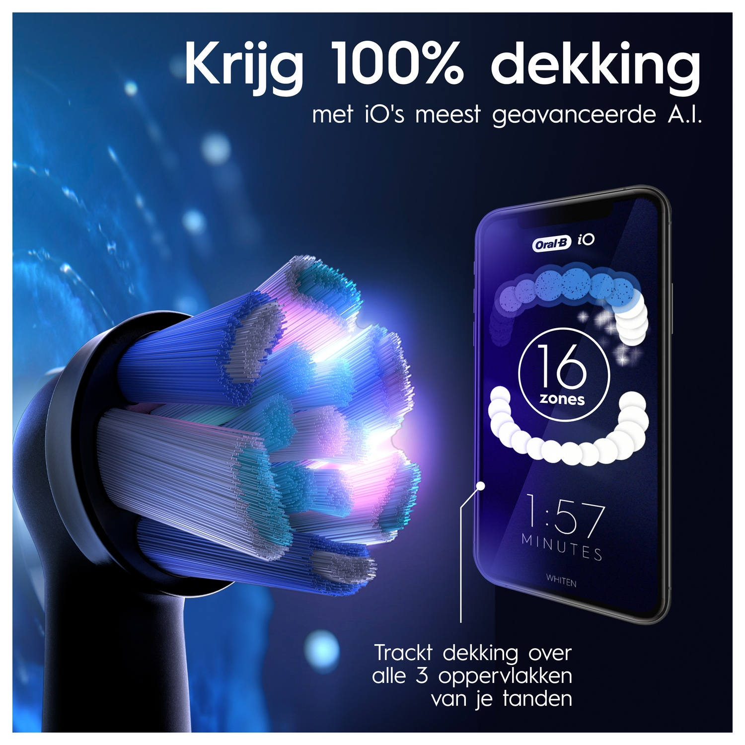Een elektrische tandenborstelkop met verlichte borstelharen naast een smartphone-scherm.