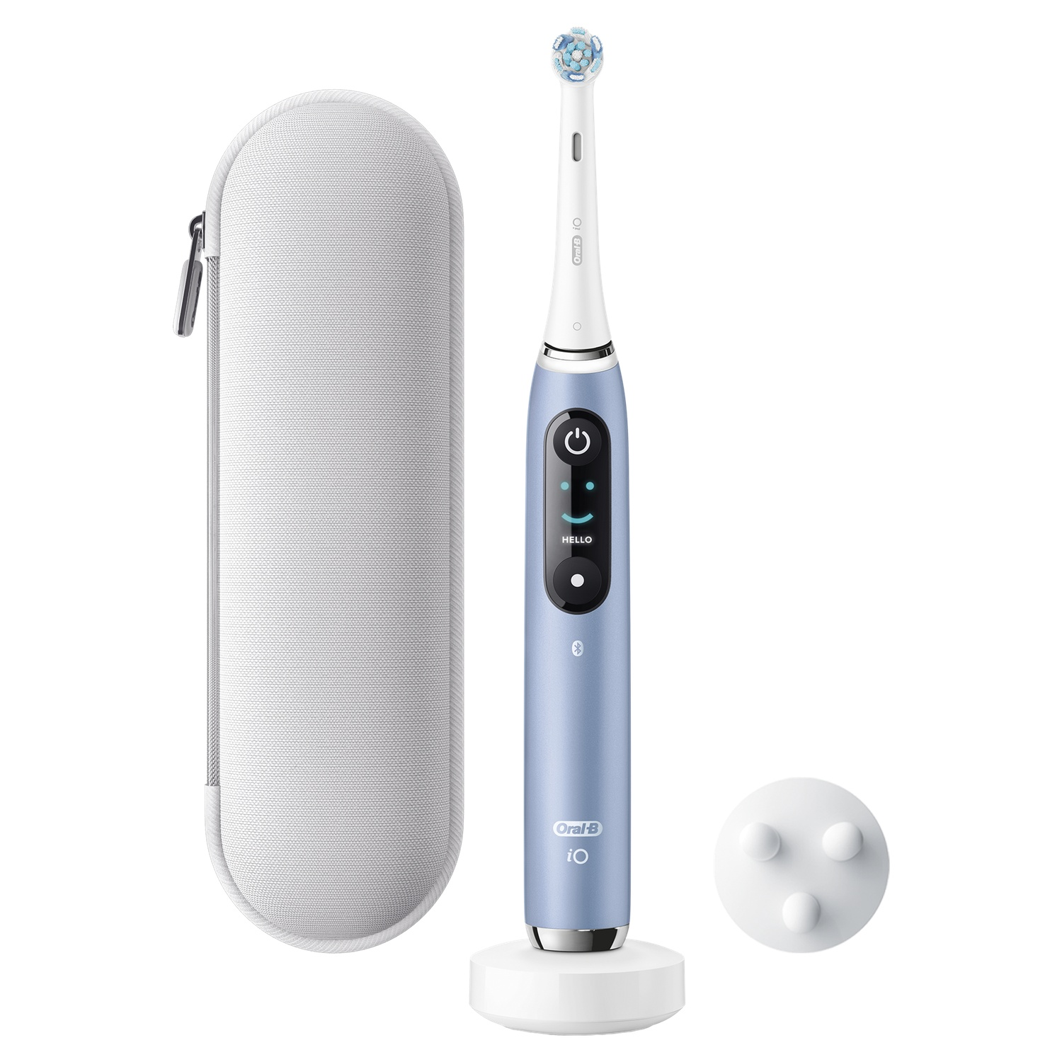Een blauwe elektrische tandenborstel met etui, oplaadstation en reservekop.