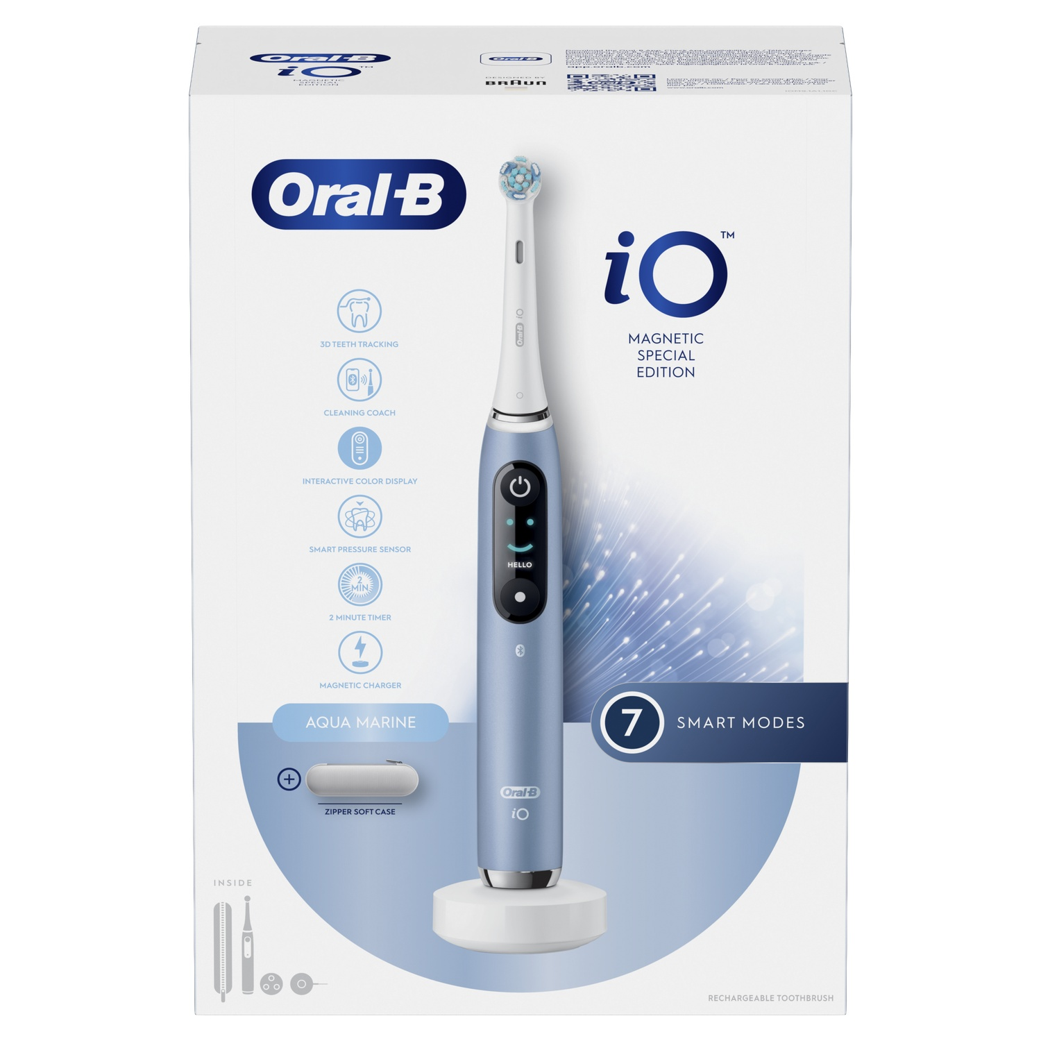 Oral-B iO Series elektrische tandenborstel in Aqua Marine, met doos met functies en accessoires.