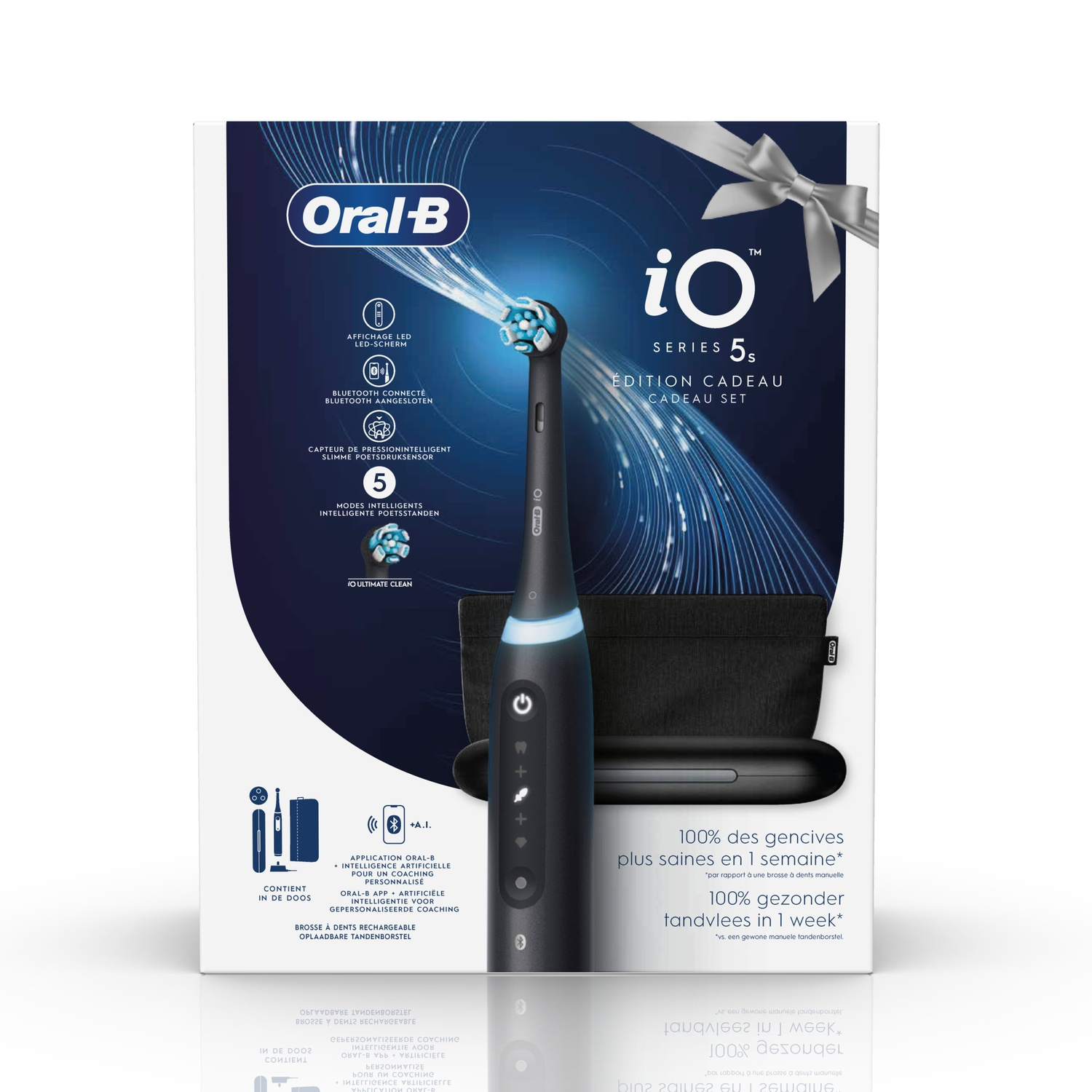 Black and grey electric toothbrush box with text.