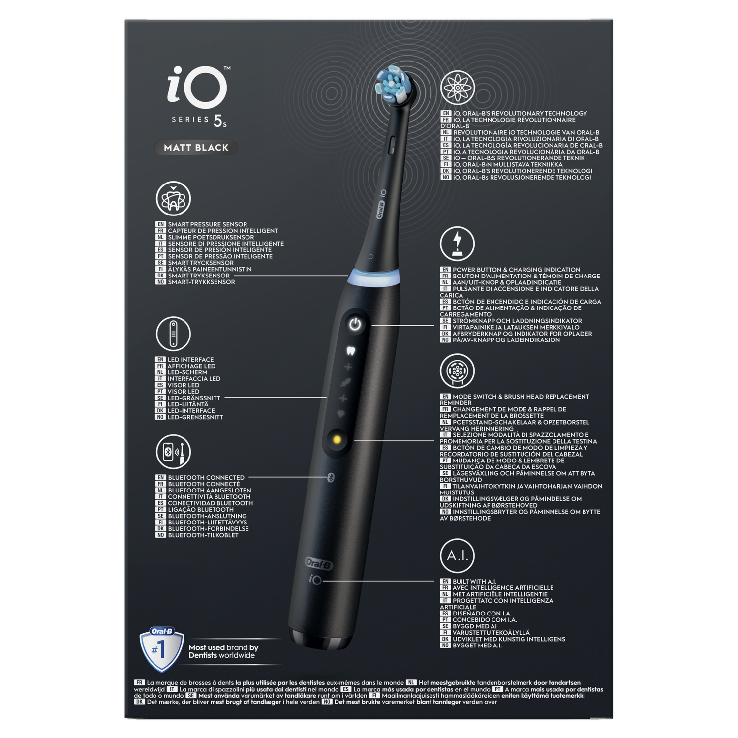 Black electric toothbrush with a blue and white brush head.