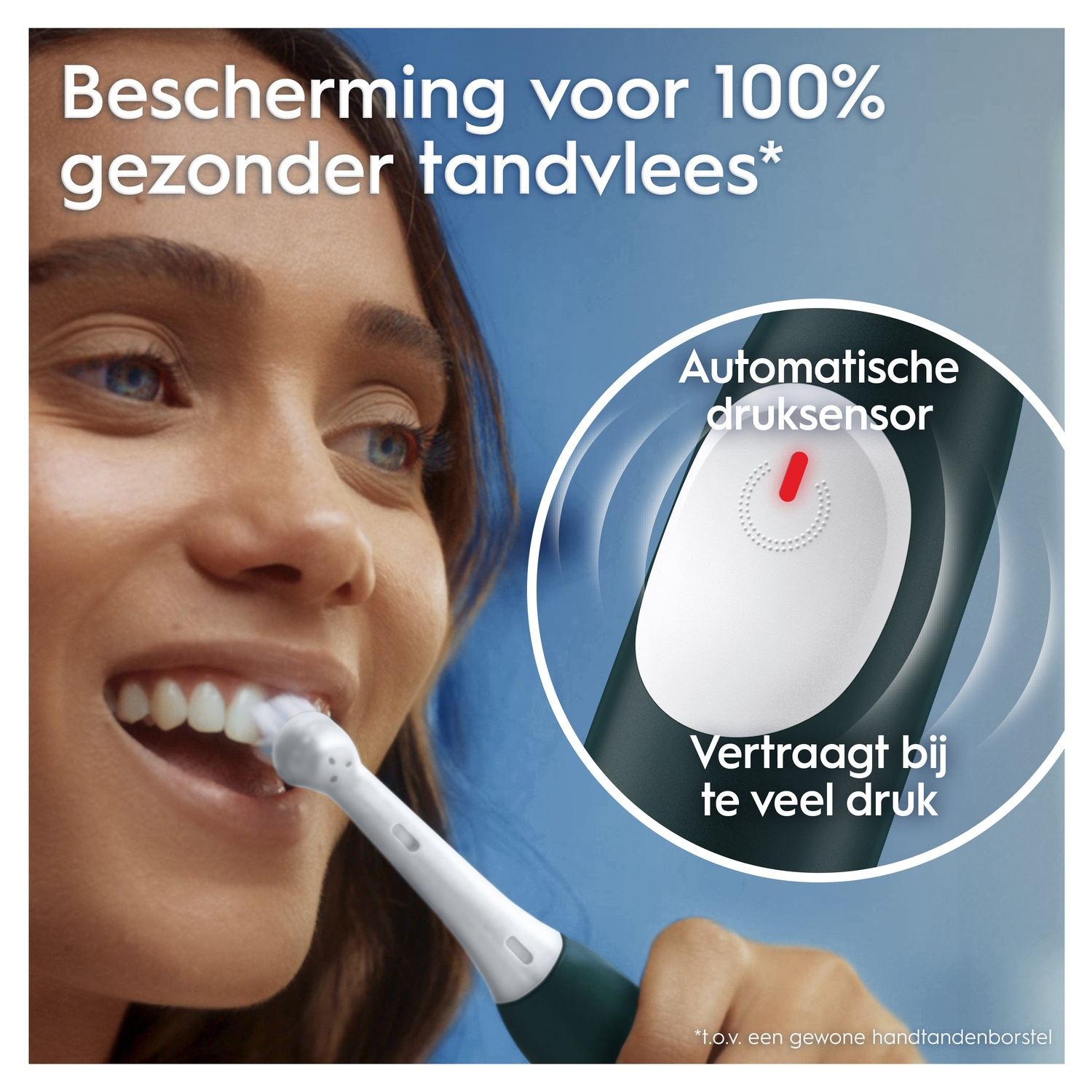 Woman brushing teeth with an electric toothbrush. Text about healthy gums and a pressure sensor.