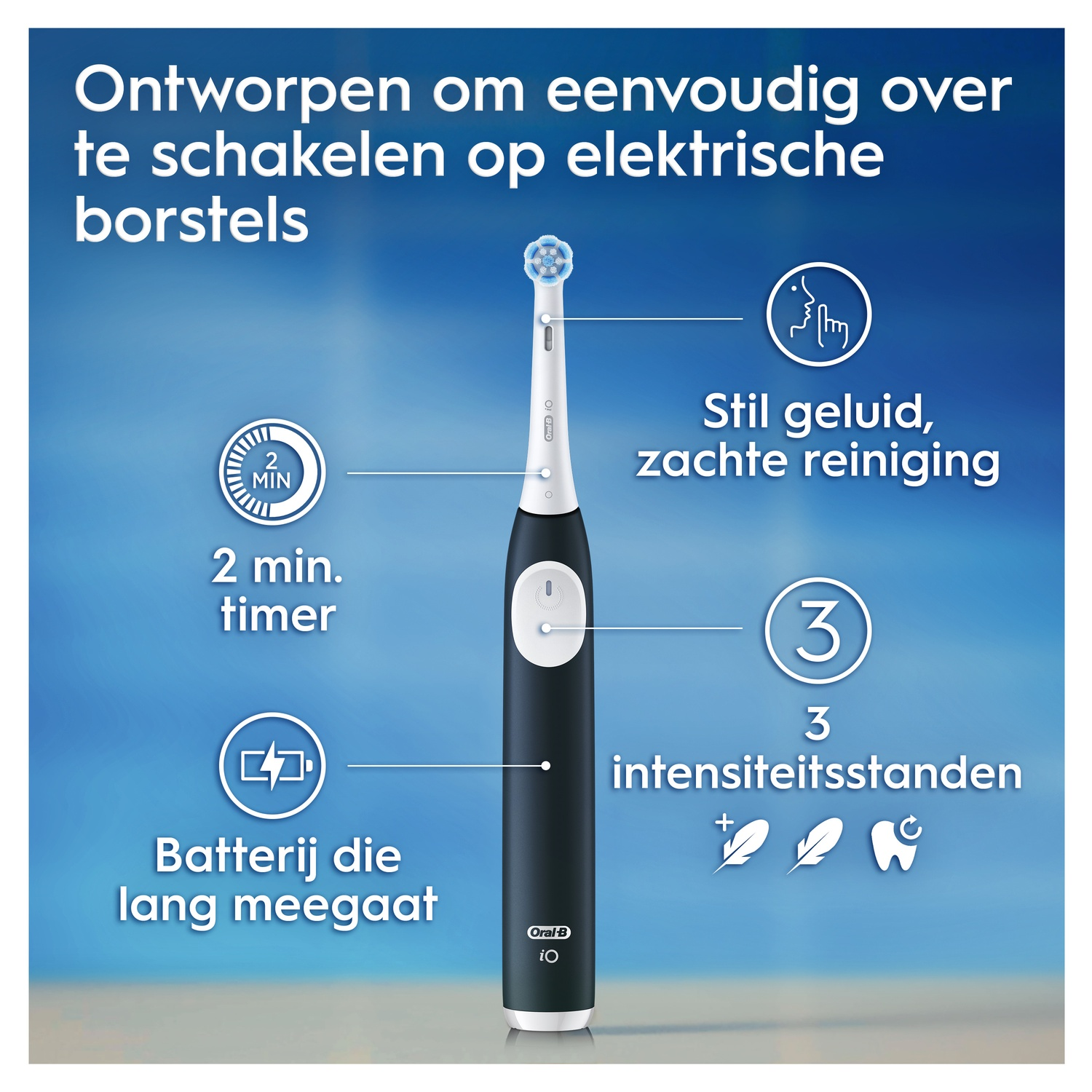 Image illustrating features of an Oral-B iO electric toothbrush: timer, gentle cleaning, and intensity settings.