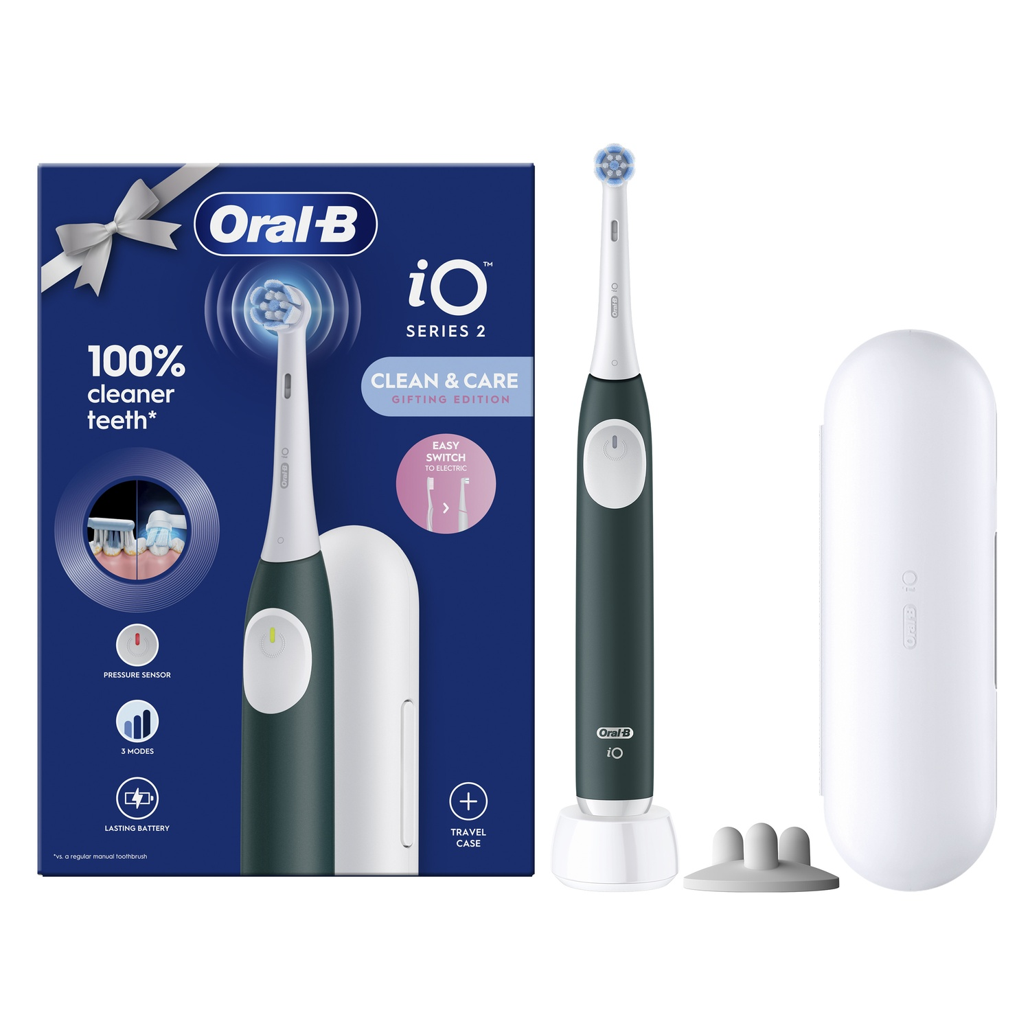 An electric toothbrush, its box, a charging stand, and a travel case.