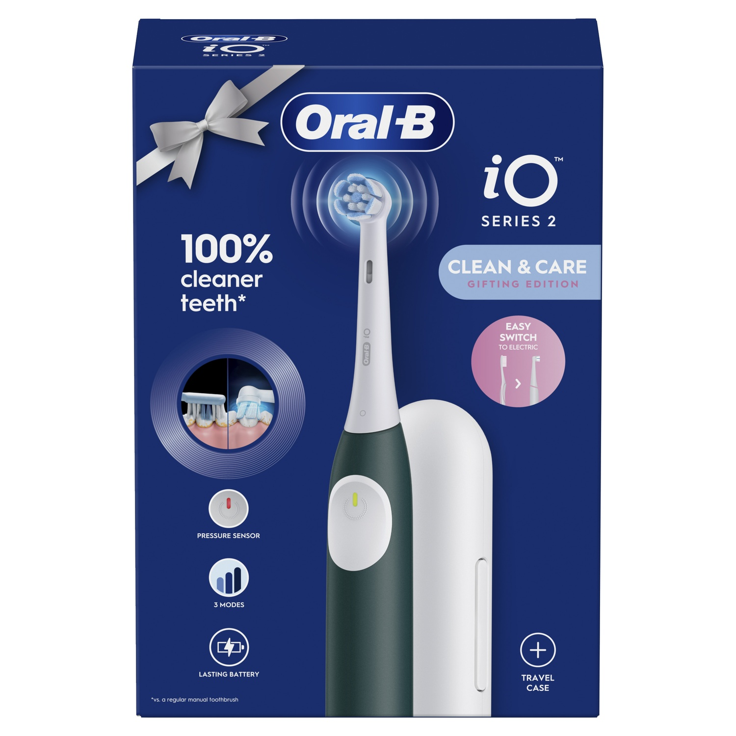 Oral-B iO Series 2 electric toothbrush box with a toothbrush, travel case, and information.