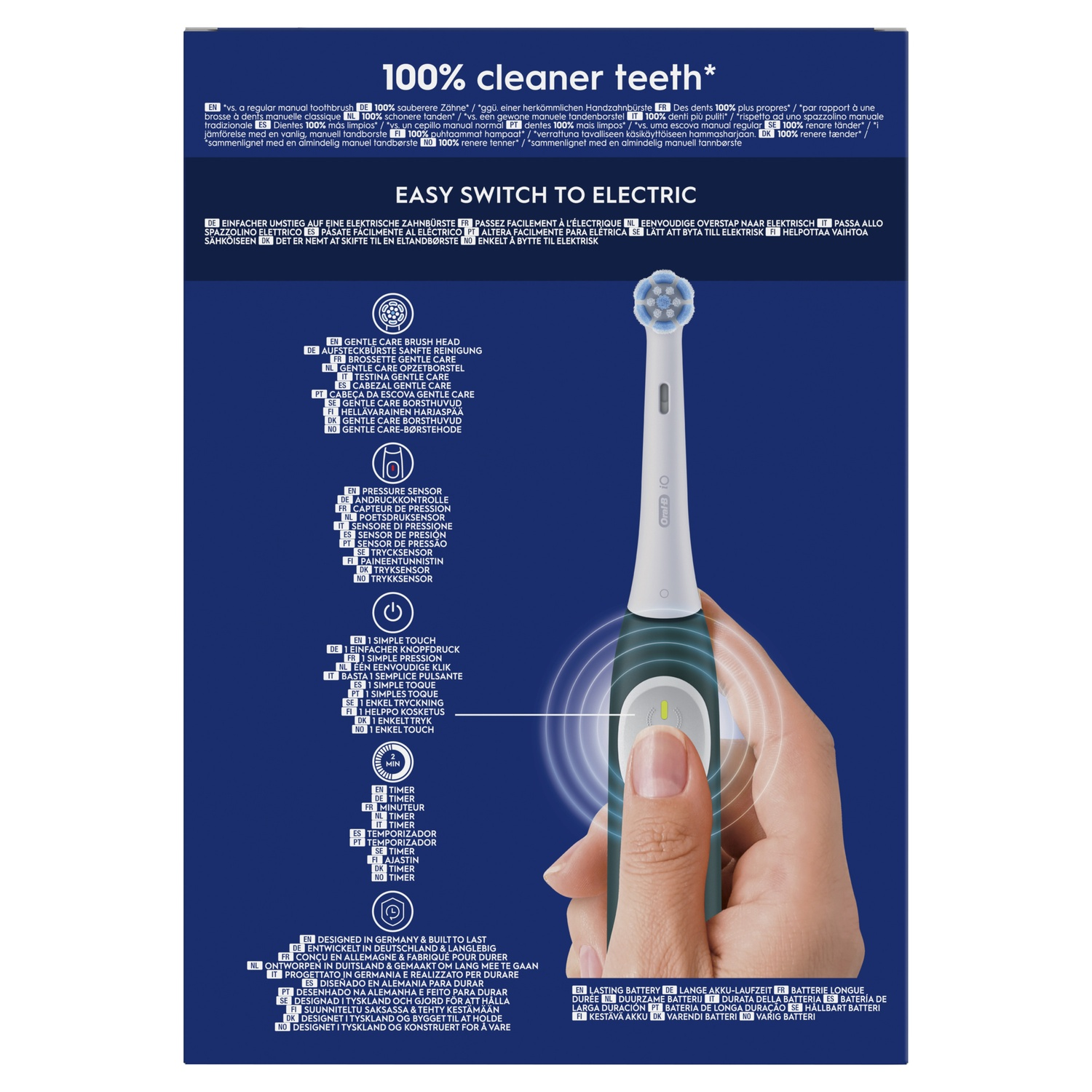 A hand holding a blue and white electric toothbrush. Text in many languages surrounds the toothbrush.