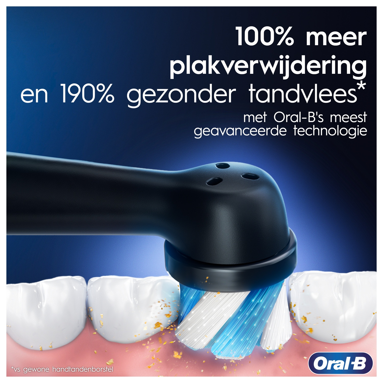 Electric toothbrush head cleaning teeth, white teeth, and text
