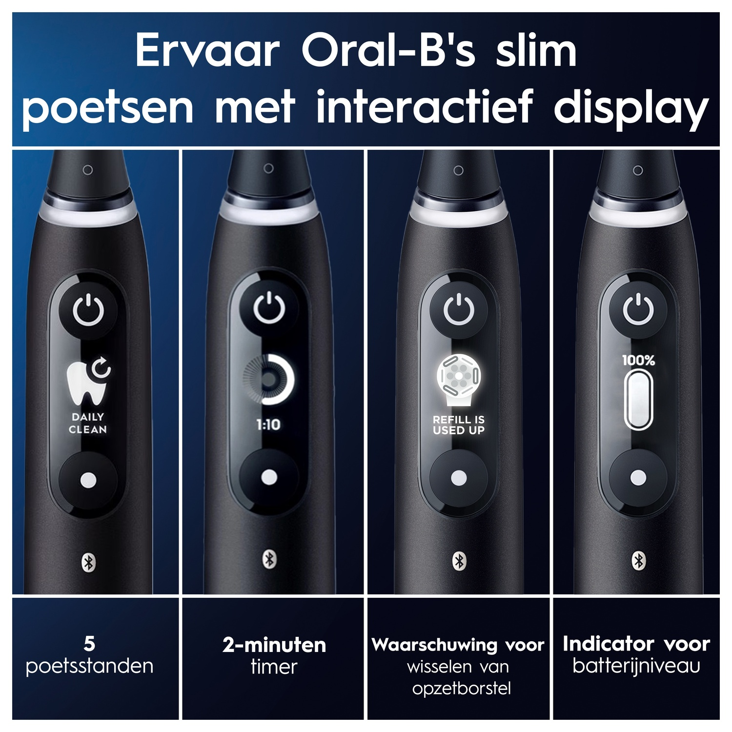 Images showcasing an Oral-B electric toothbrush, displaying various modes and battery level indicators.