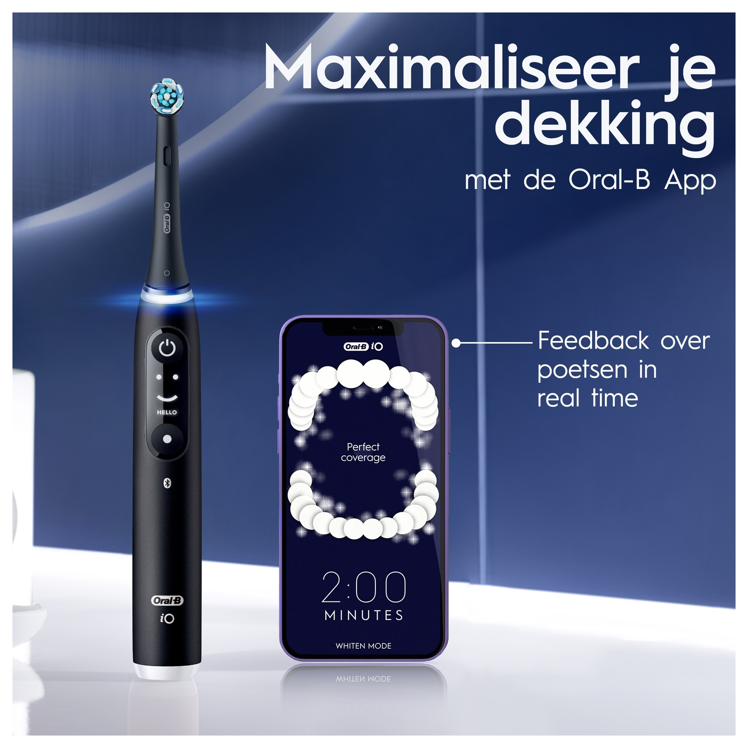 Black electric toothbrush with a connected phone showing perfect coverage on the app.