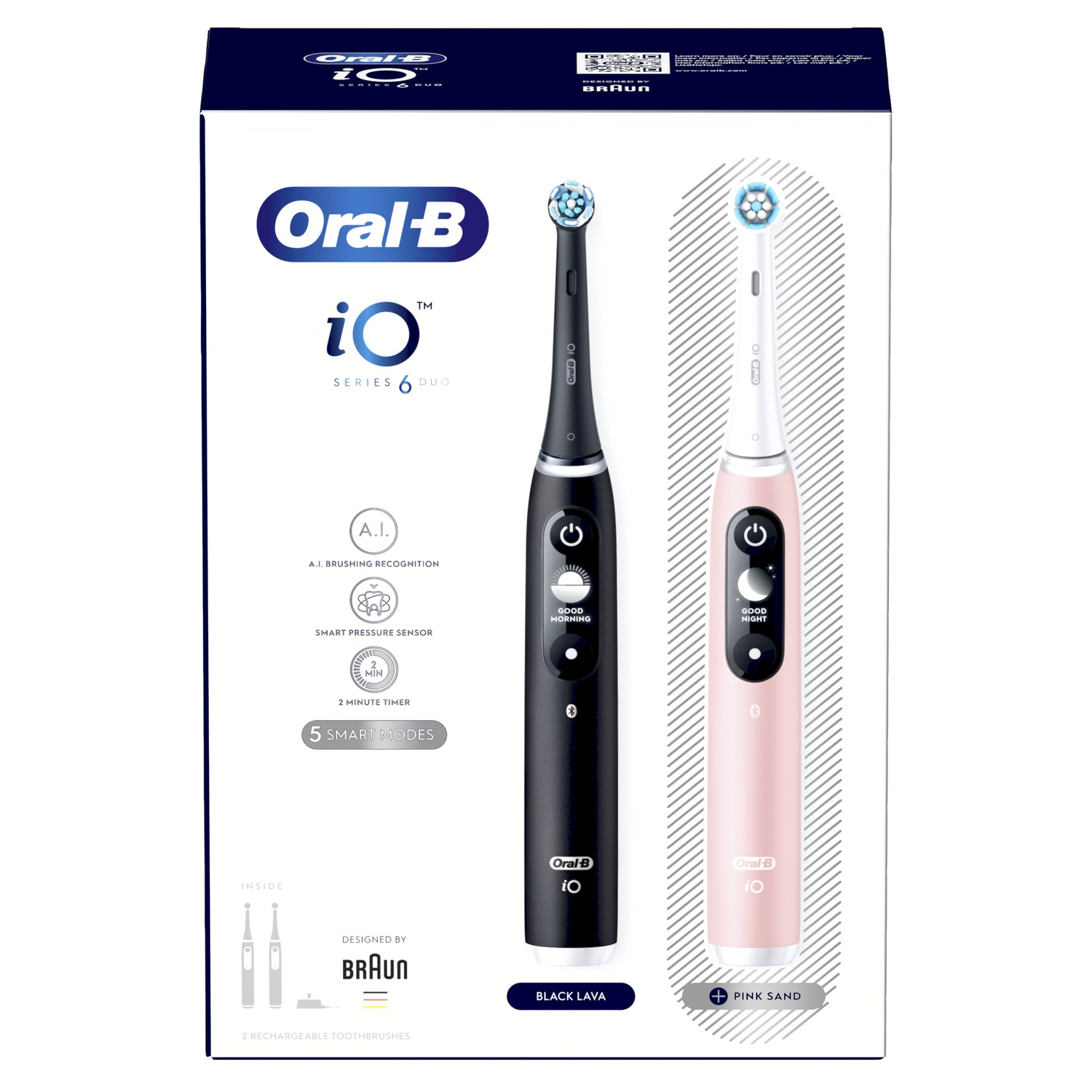 Product box showing two Oral-B iO Series 6 electric toothbrushes: black and pink.