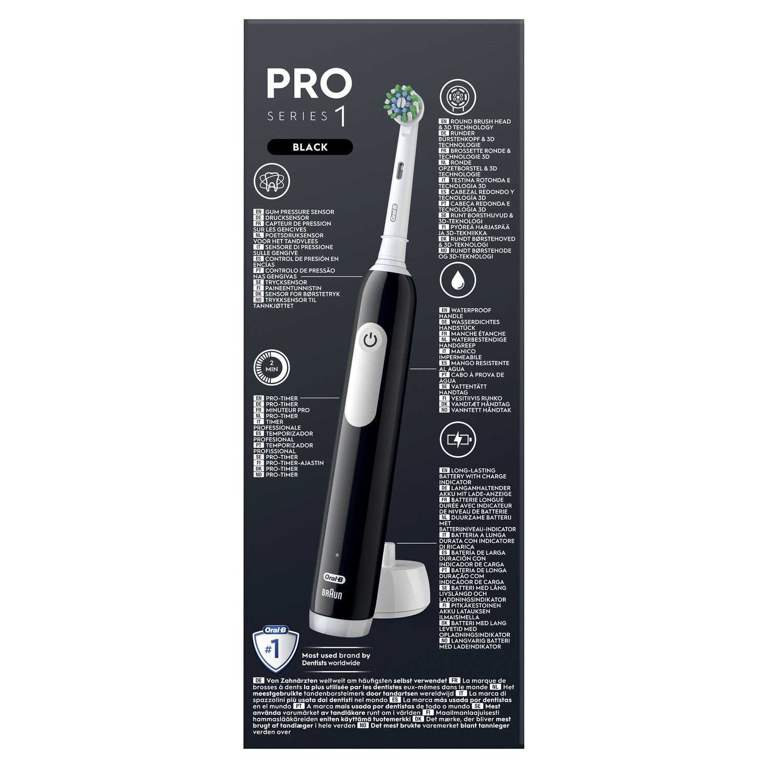 Electric toothbrush with brush head and stand.