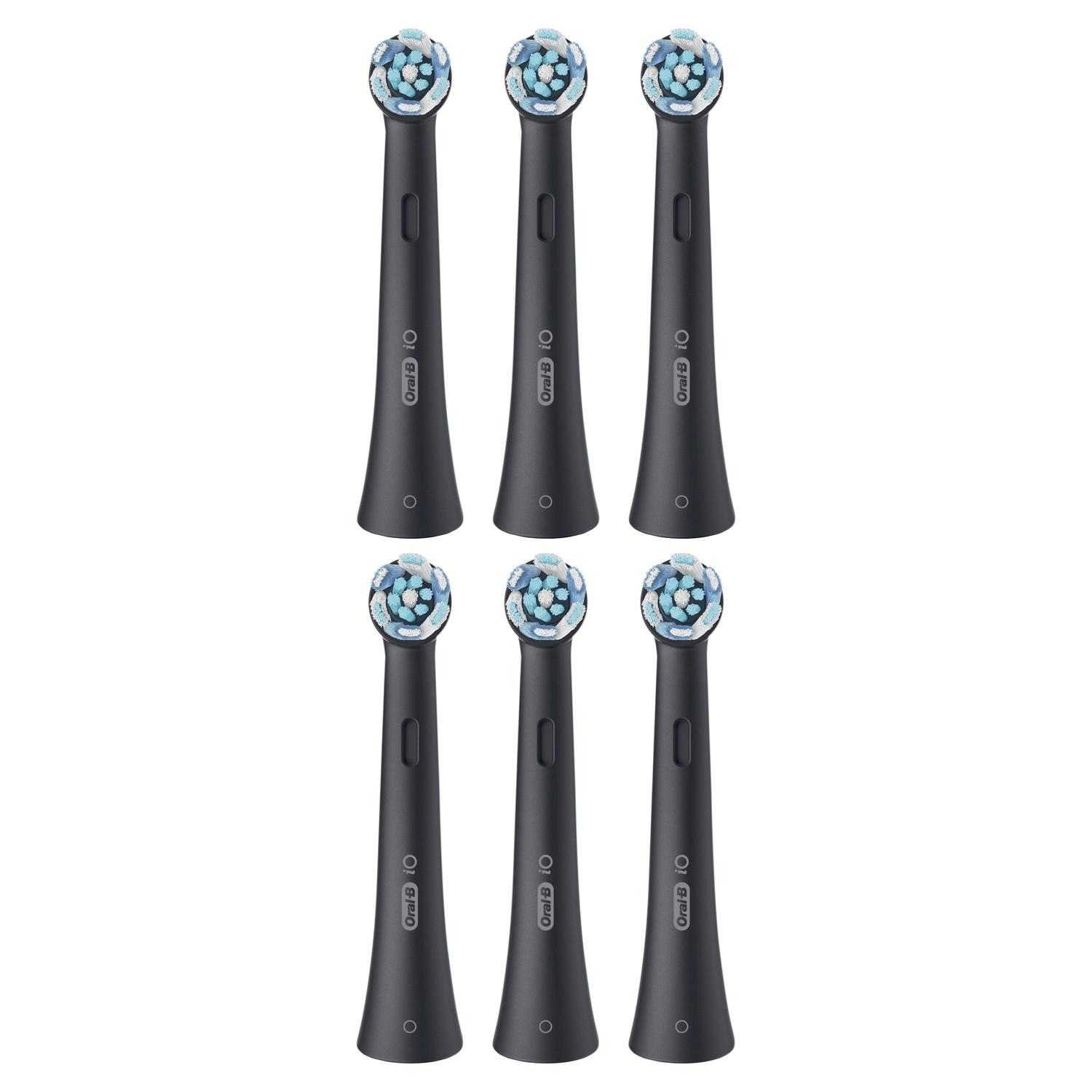 Six têtes de brosse à dents noires. Toutes alignées, prêtes à l'emploi.