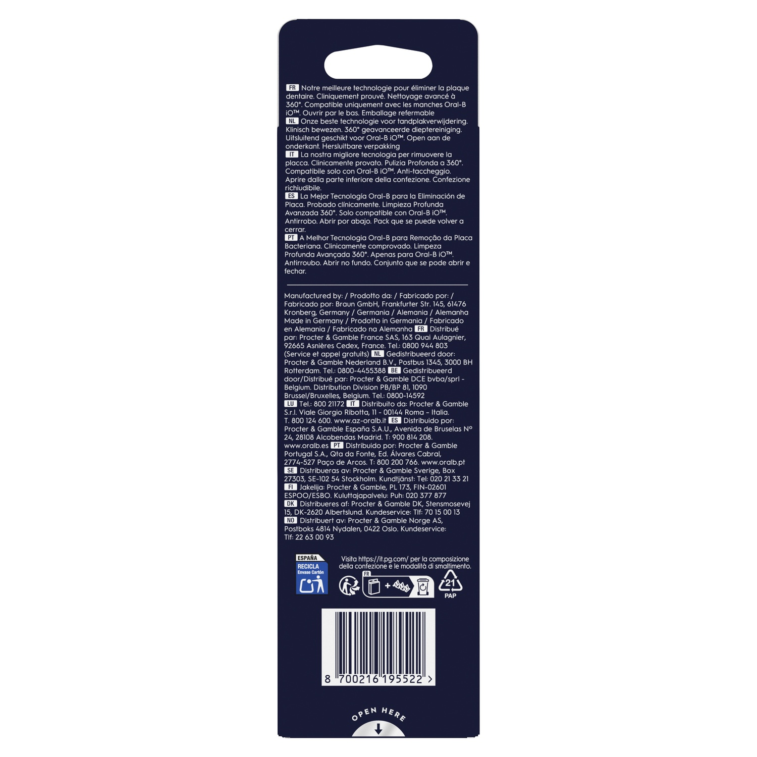 Emballage de brosse à dents Oral-B avec texte et détails.
