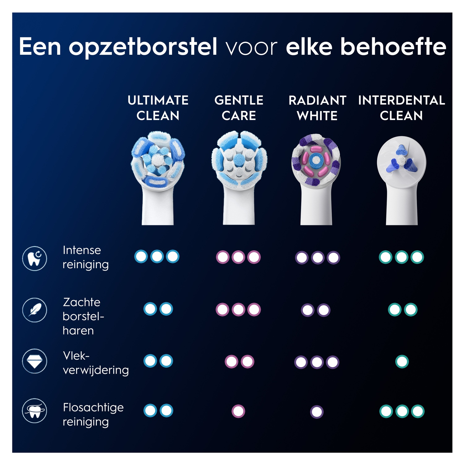 Four toothbrush heads are displayed, each with a different bristle design, with icons and descriptions.