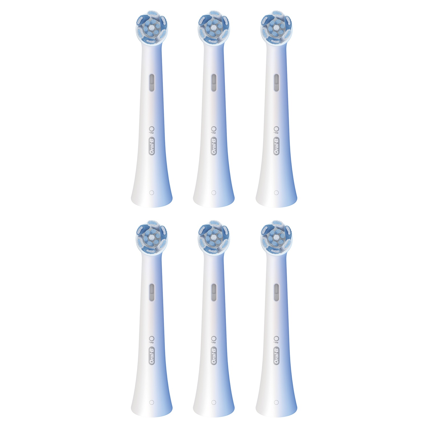 Six têtes de brosse à dents Oral-B iO disposées en deux rangées, sur fond blanc.