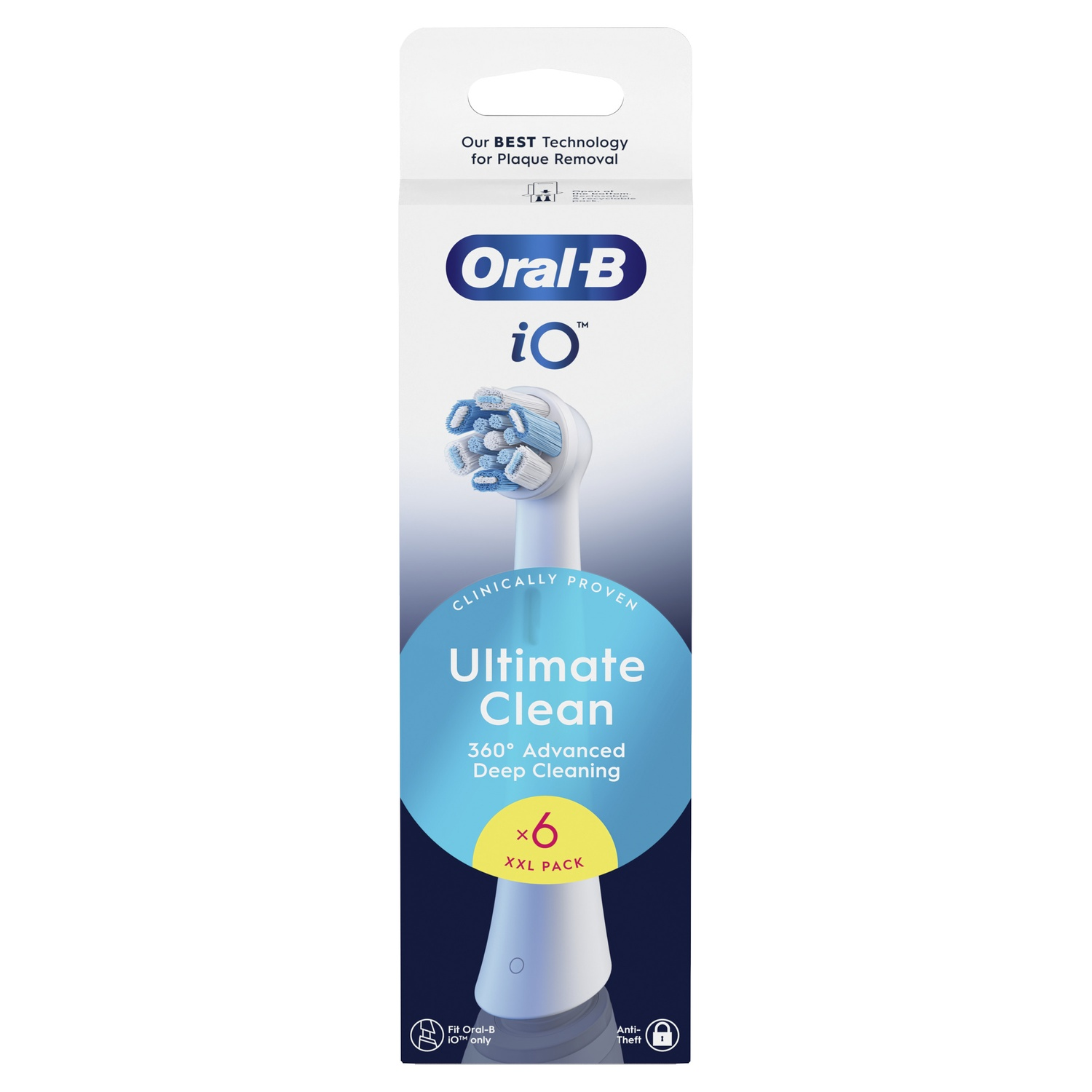 Paquet de têtes de brosse à dents. Soies blanches et bleues, emballage noir et bleu.