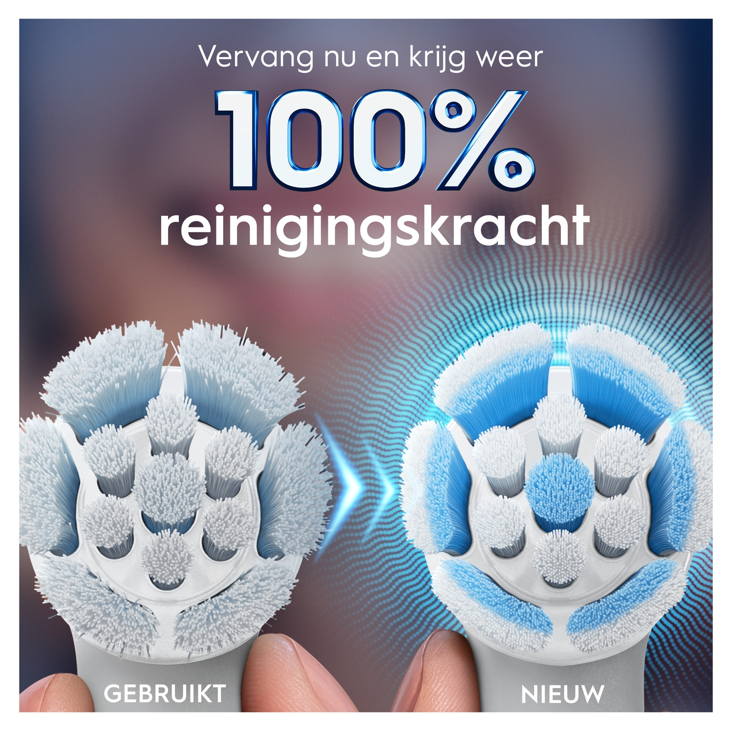 Two toothbrush heads, used and new, with a blue text and background.