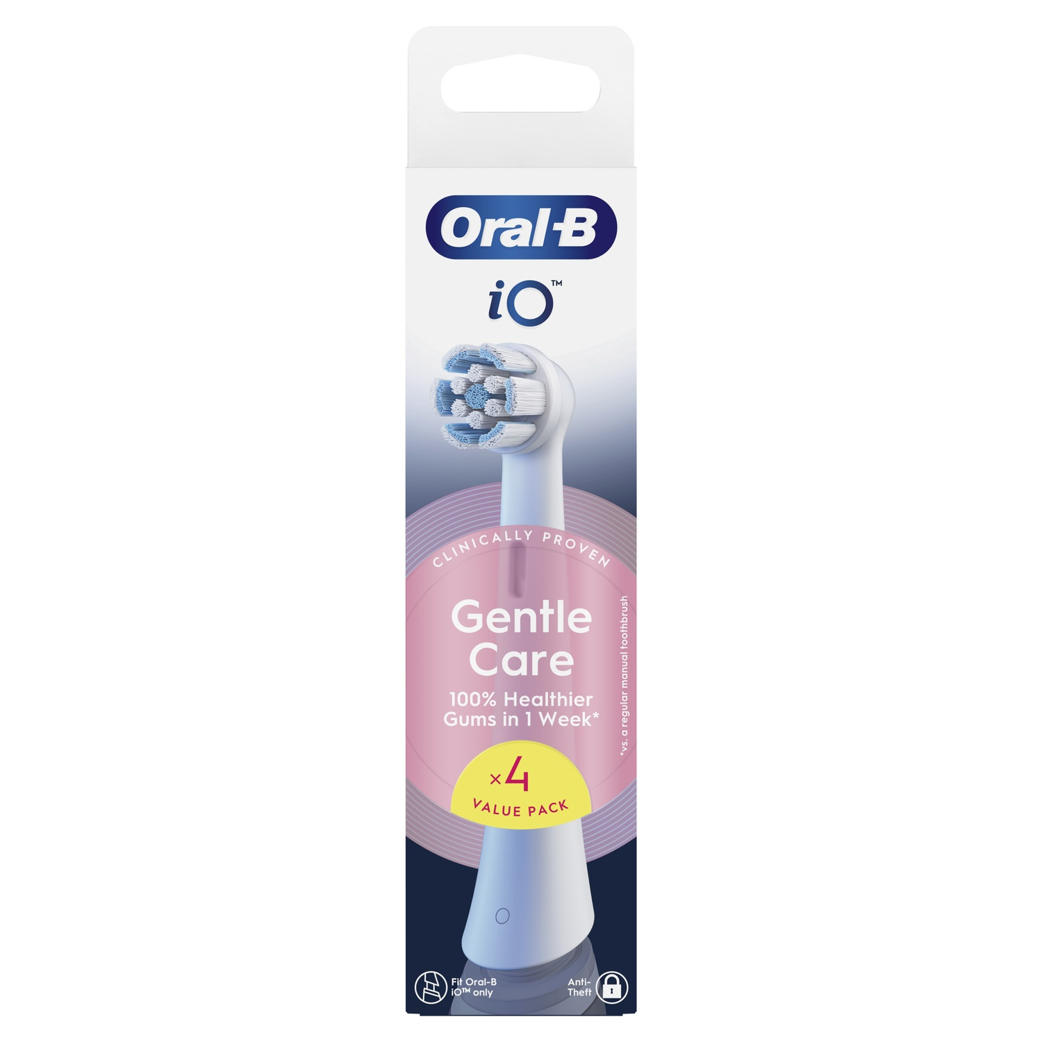 Oral-B iO Series toothbrush head, gentle care, white handle.