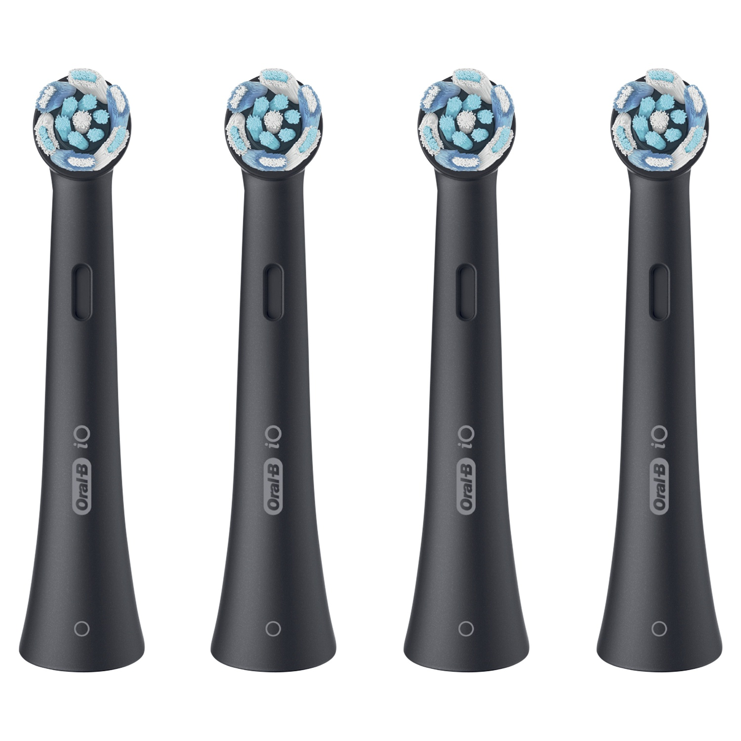 Vier zwarte Oral-B iO tandenborstelkoppen. Elk heeft blauwe en witte borstelharen.