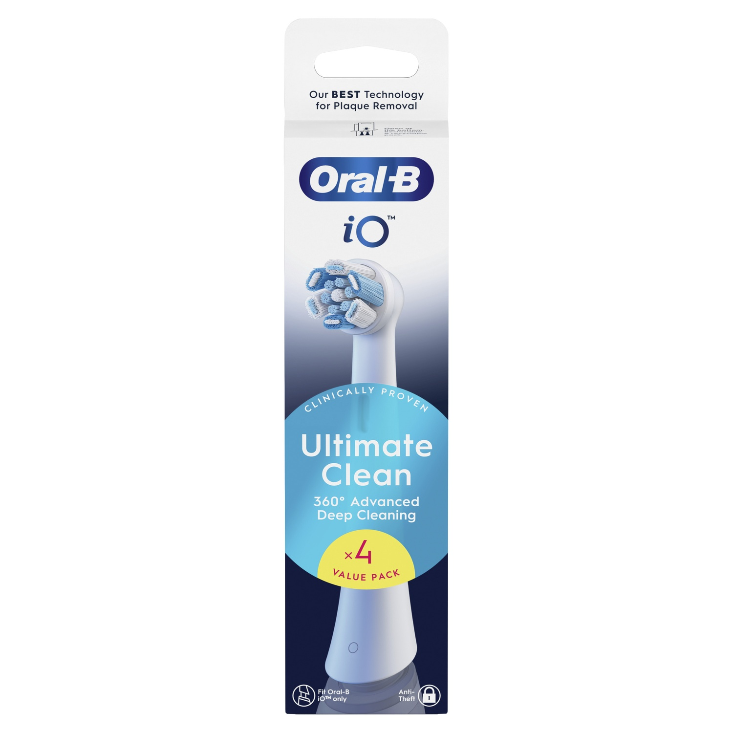 Un emballage de tête de brosse à dents avec une tête de brosse bleue et blanche sur fond blanc.