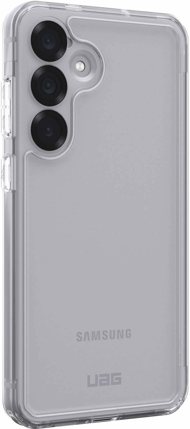 Coque de téléphone transparente avec un téléphone Samsung à l'intérieur. La coque a trois découpes pour l'appareil photo.