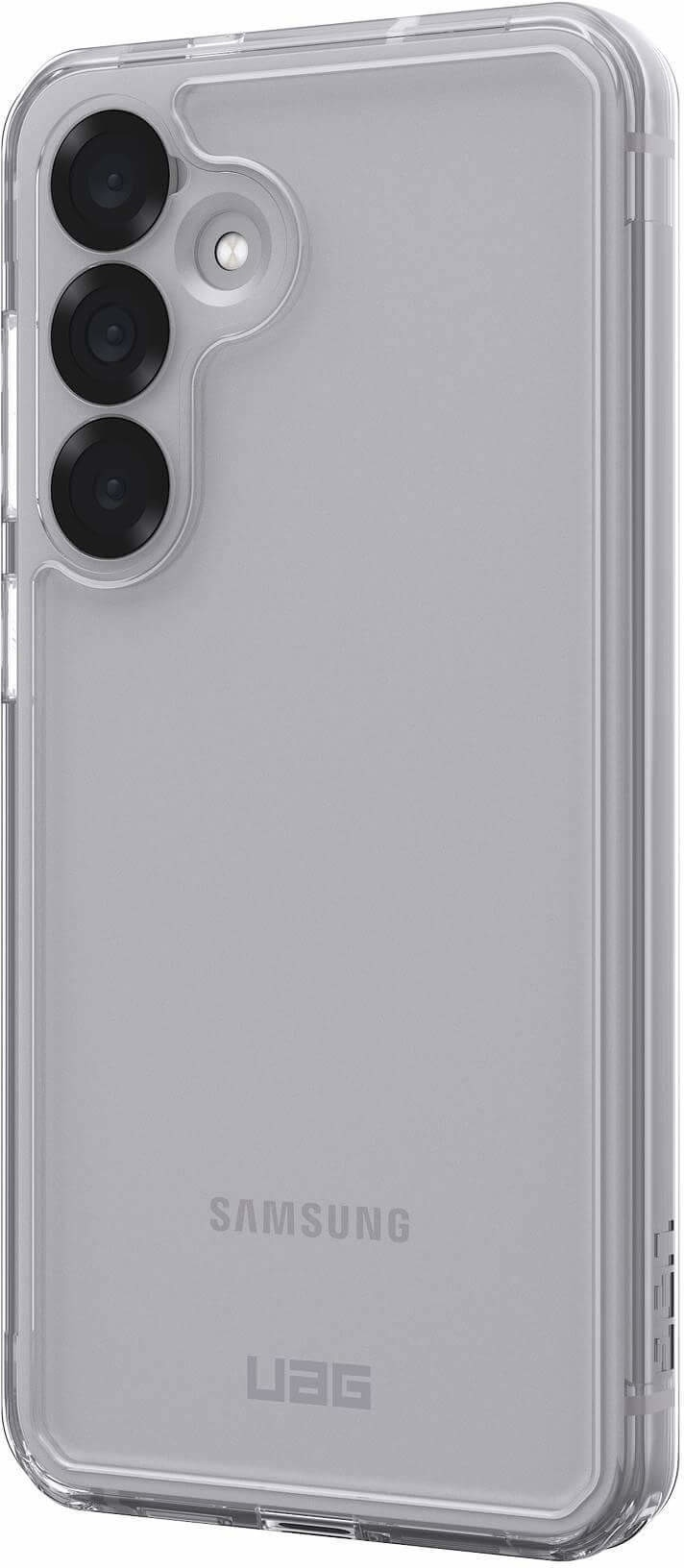 Une coque de téléphone transparente sur un téléphone gris, montrant les logos Samsung et UAG.