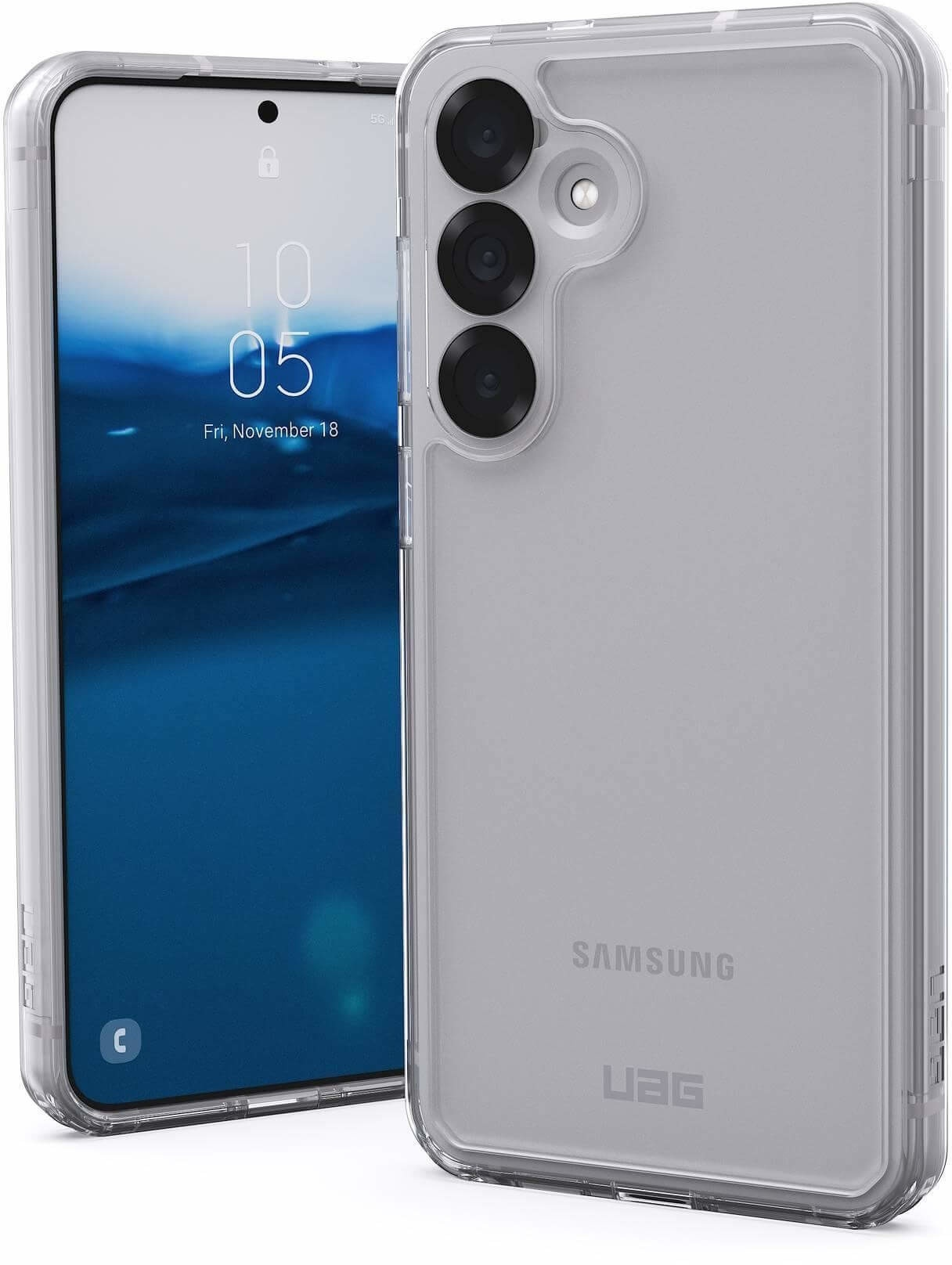 Téléphone argenté dans un étui transparent, avec des objectifs d'appareil photo noirs.