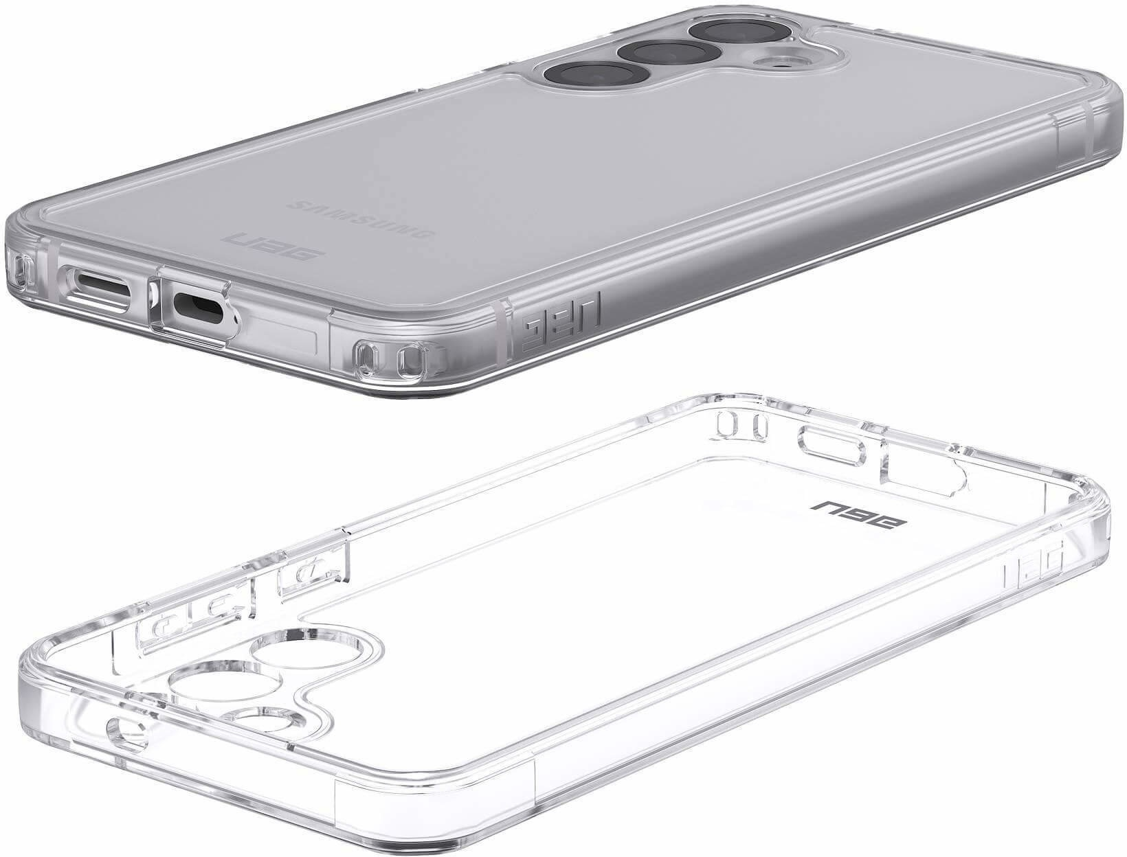 Coque de téléphone transparente sur fond blanc, vue de dessus et de dessous.