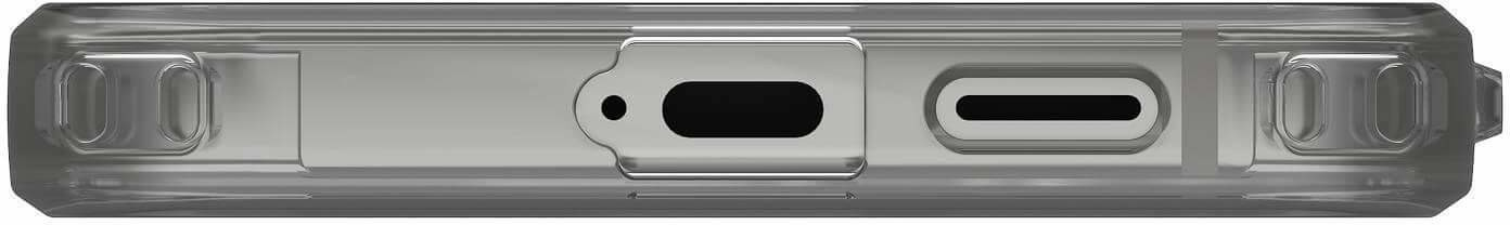 Vue de dessus d'une coque transparente pour téléphone montrant les ports et ouvertures.