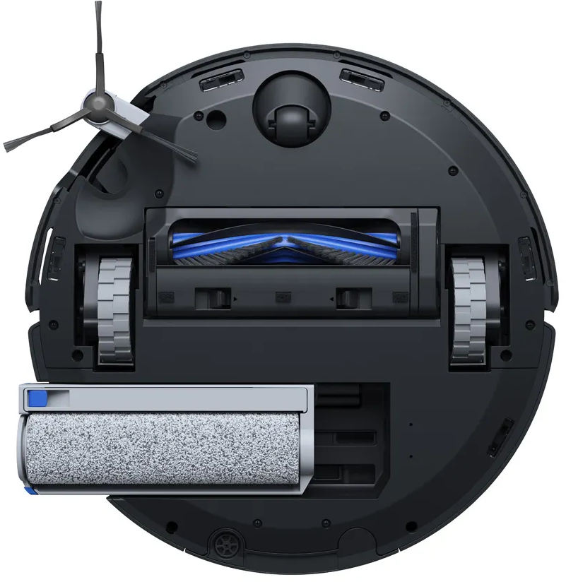 Schwarzer Roboter-Staubsauger, Unteransicht, mit Bürsten, Rädern und Staubbehälter.