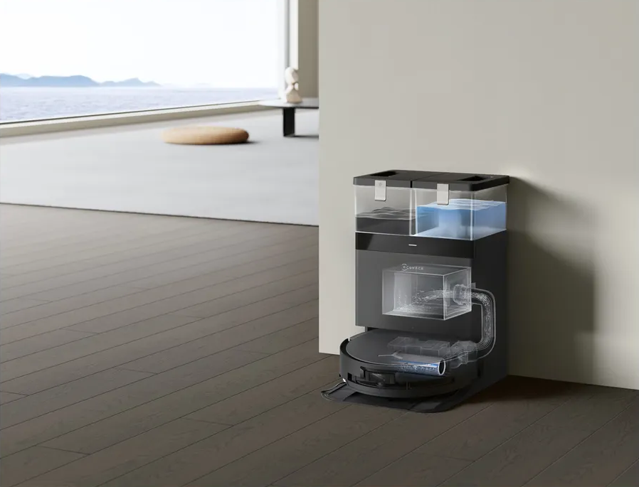 Schnittansicht eines schwarzen und silbernen Roboter-Staubsaugers.