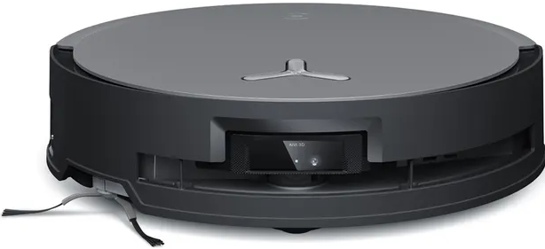 Ein schwarzer und grauer Roboter-Staubsauger mit 3D-Sensor und Bürsten.