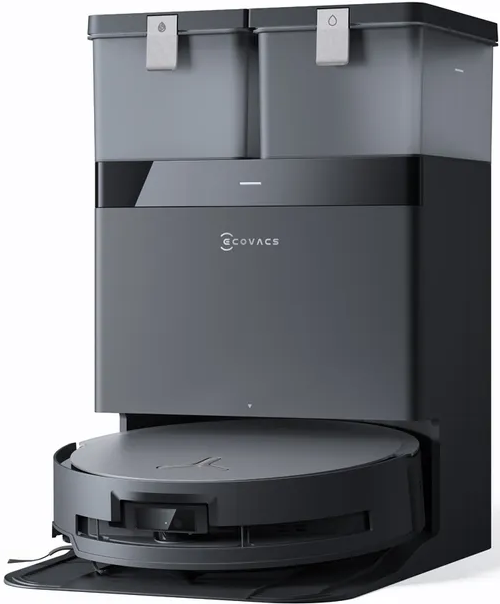 Schwarzer und grauer Roboterstaubsauger mit zwei Wassertanks oben. Ecovacs-Logo vorne.